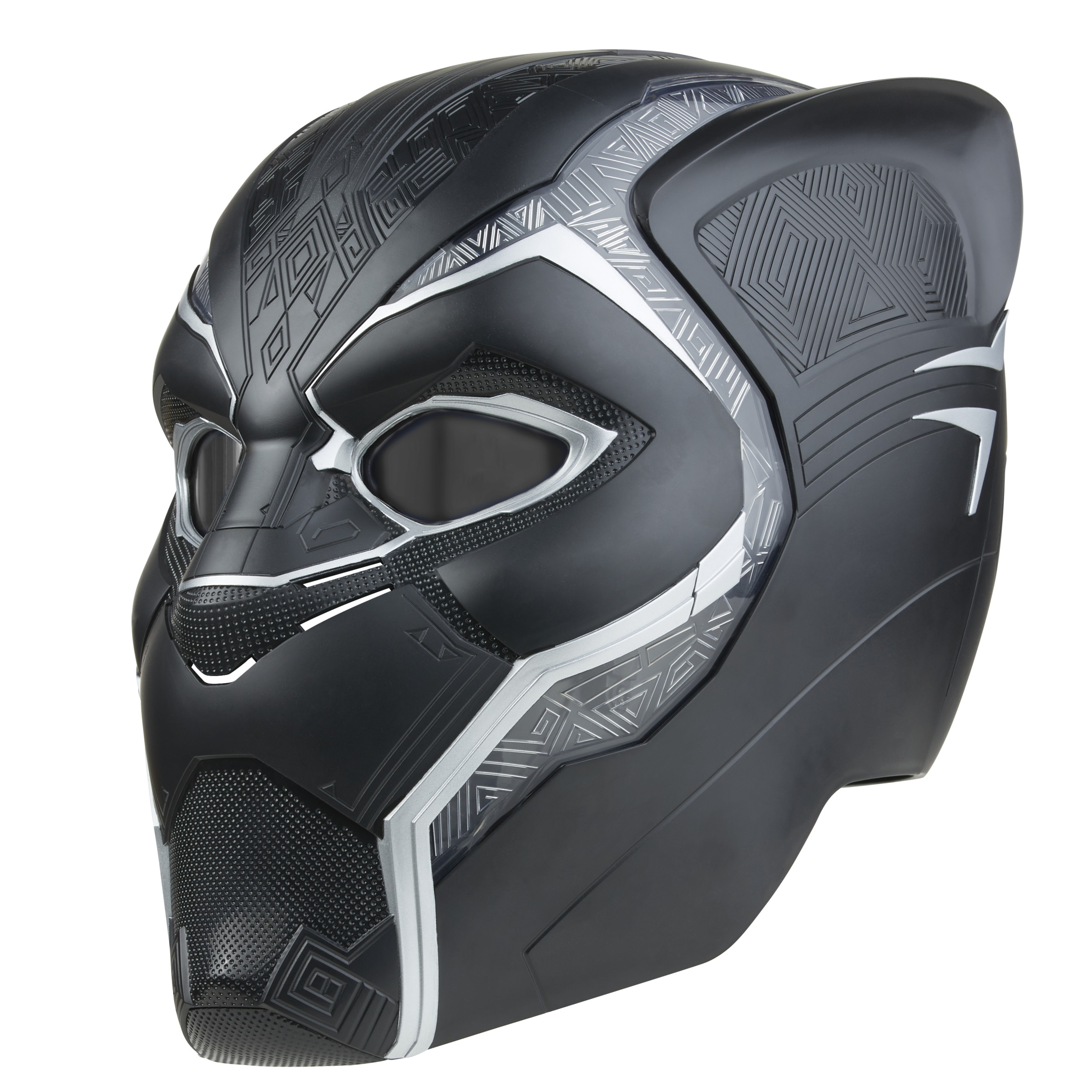 Máscara de Black Panther, diseño negro y plateado, sobre fondo blanco.