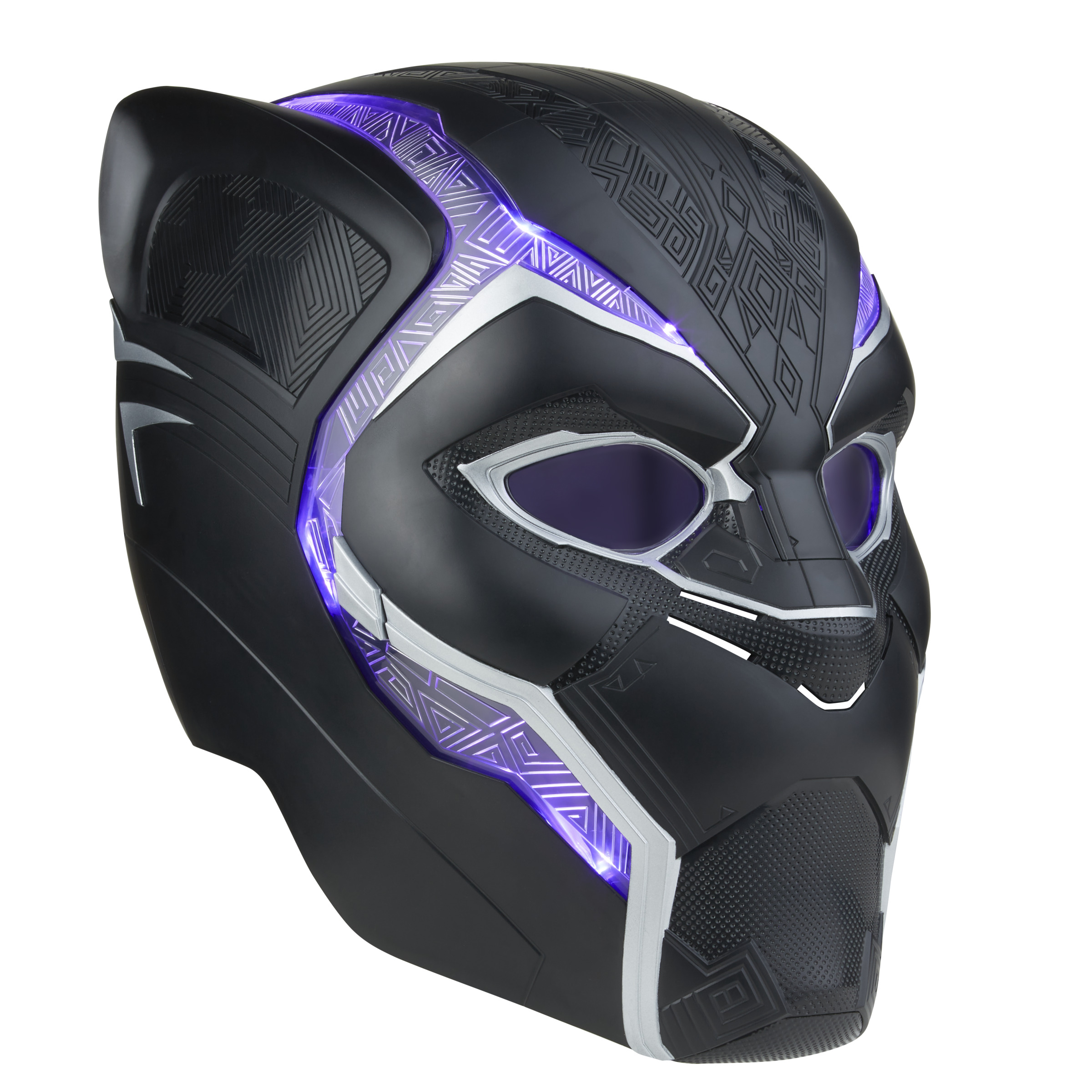 Un casco de Pantera Negra con detalles brillantes morados y exterior negro.