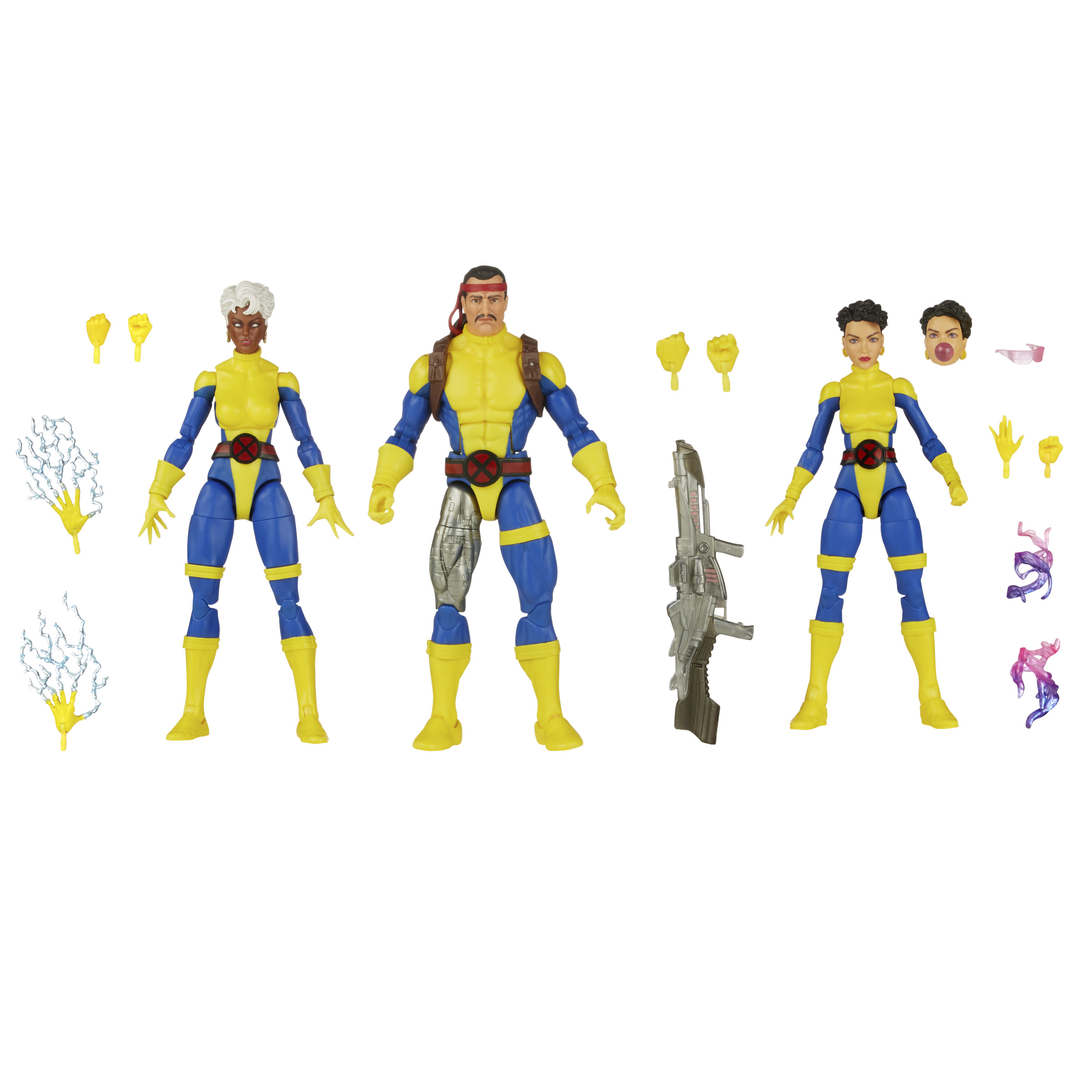 Figurki X-Men, Storm, Cyclops i Jean Grey, z akcesoriami, niebiesko-żółte kostiumy.