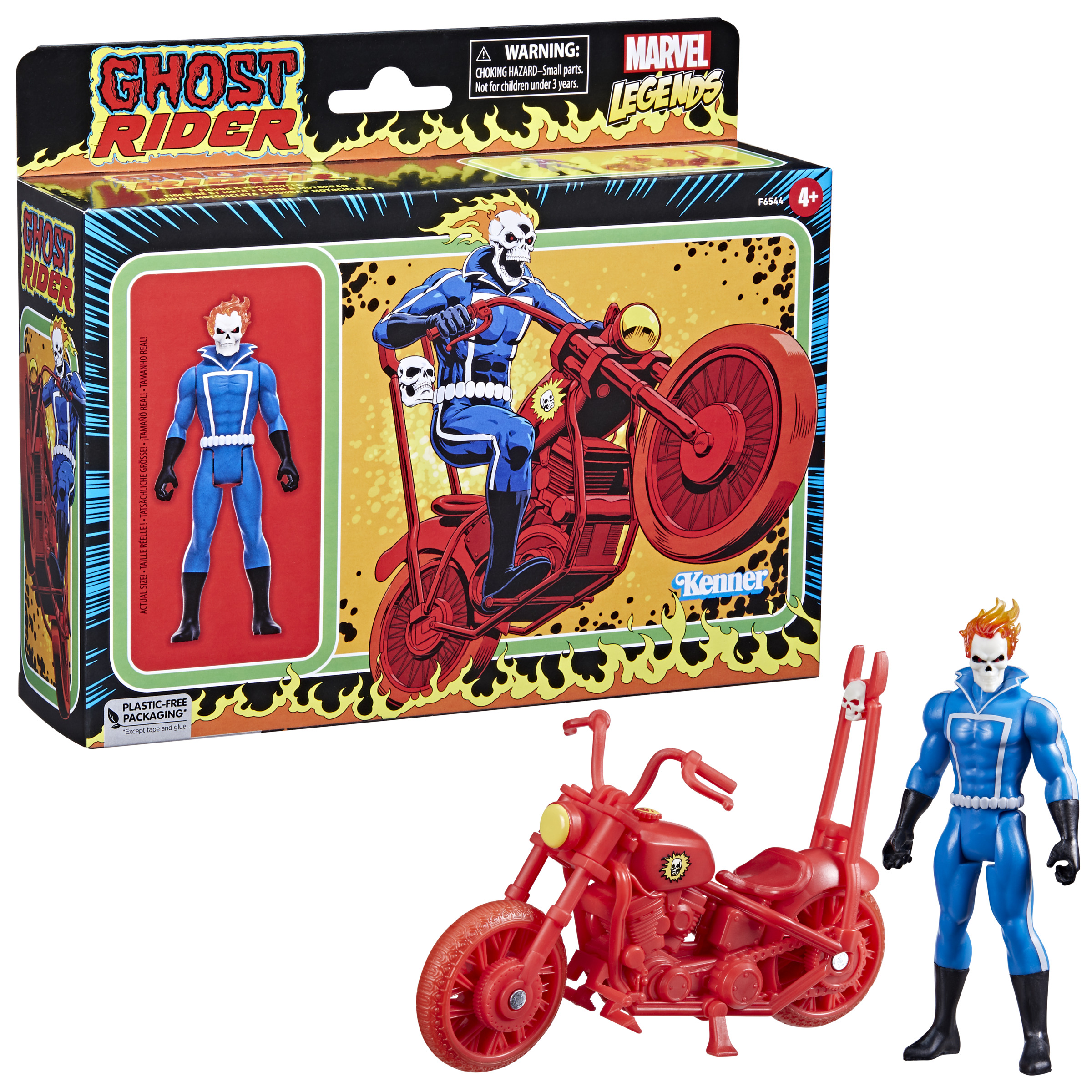 Set de juguetes de Ghost Rider con moto y figura en la caja.