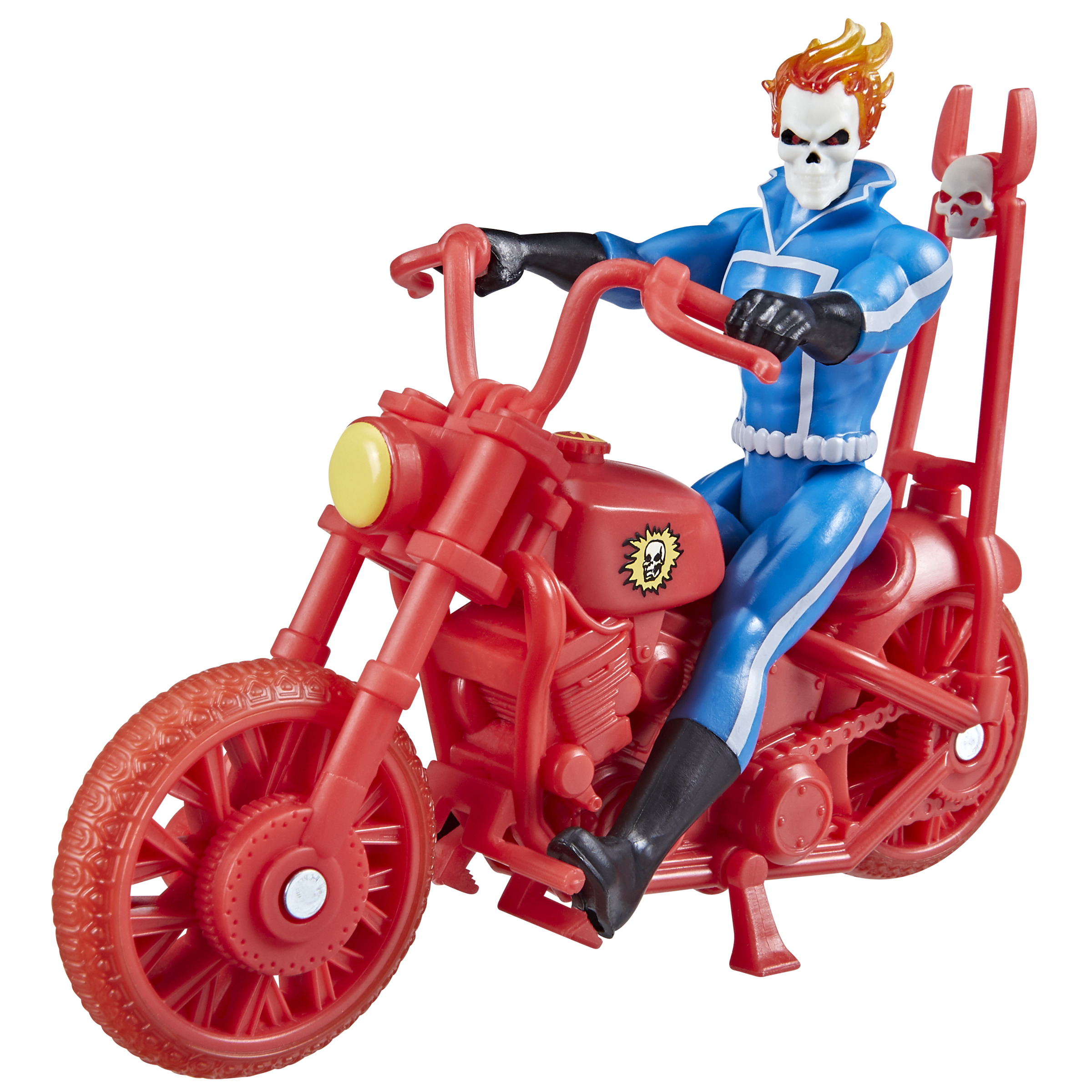 Ghost Rider en una moto roja. Figura de traje azul con cabeza de calavera y llamas. Fondo blanco.