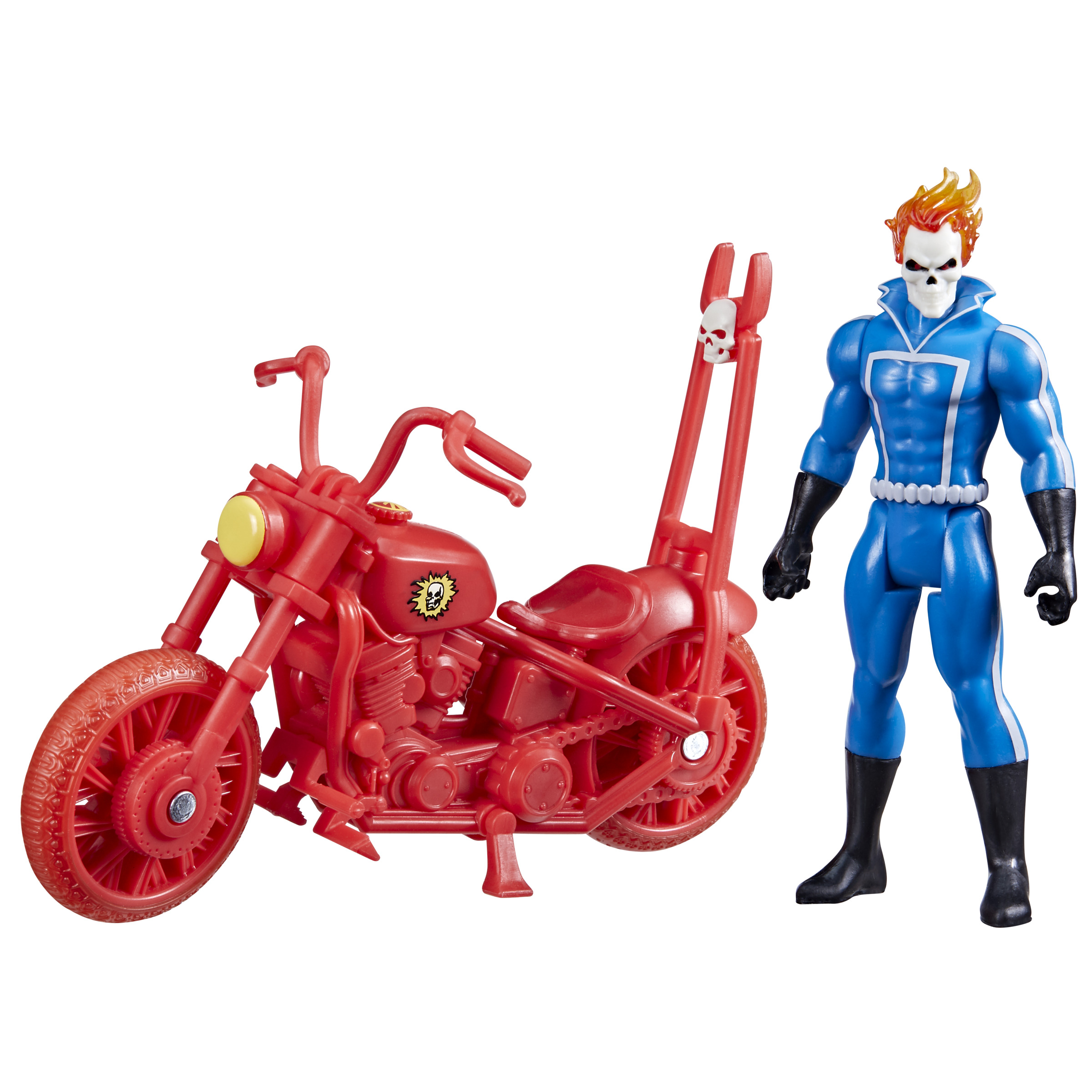Una moto roja y una figura azul de Ghost Rider con pelo en llamas y cara de calavera.