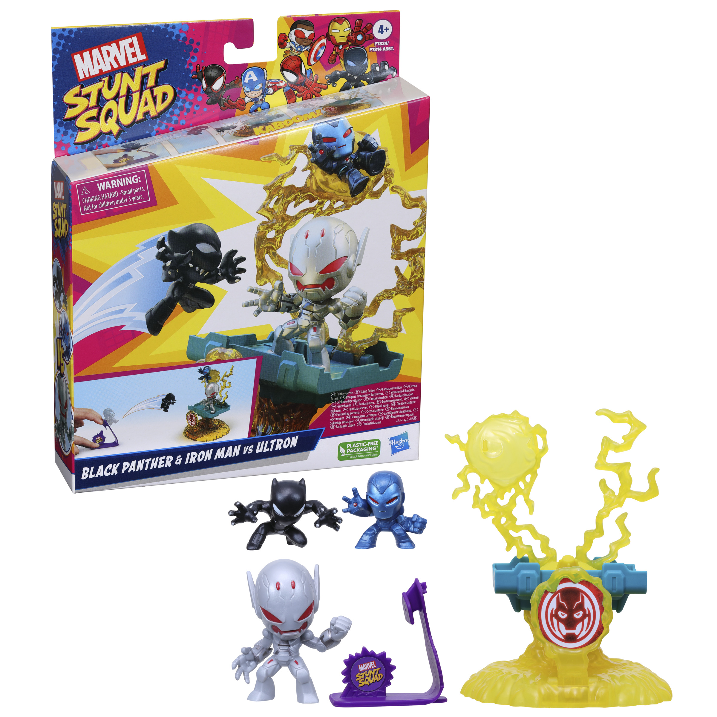 Juego de juguetes con figuras de Pantera Negra, Iron Man y Ultrón.
