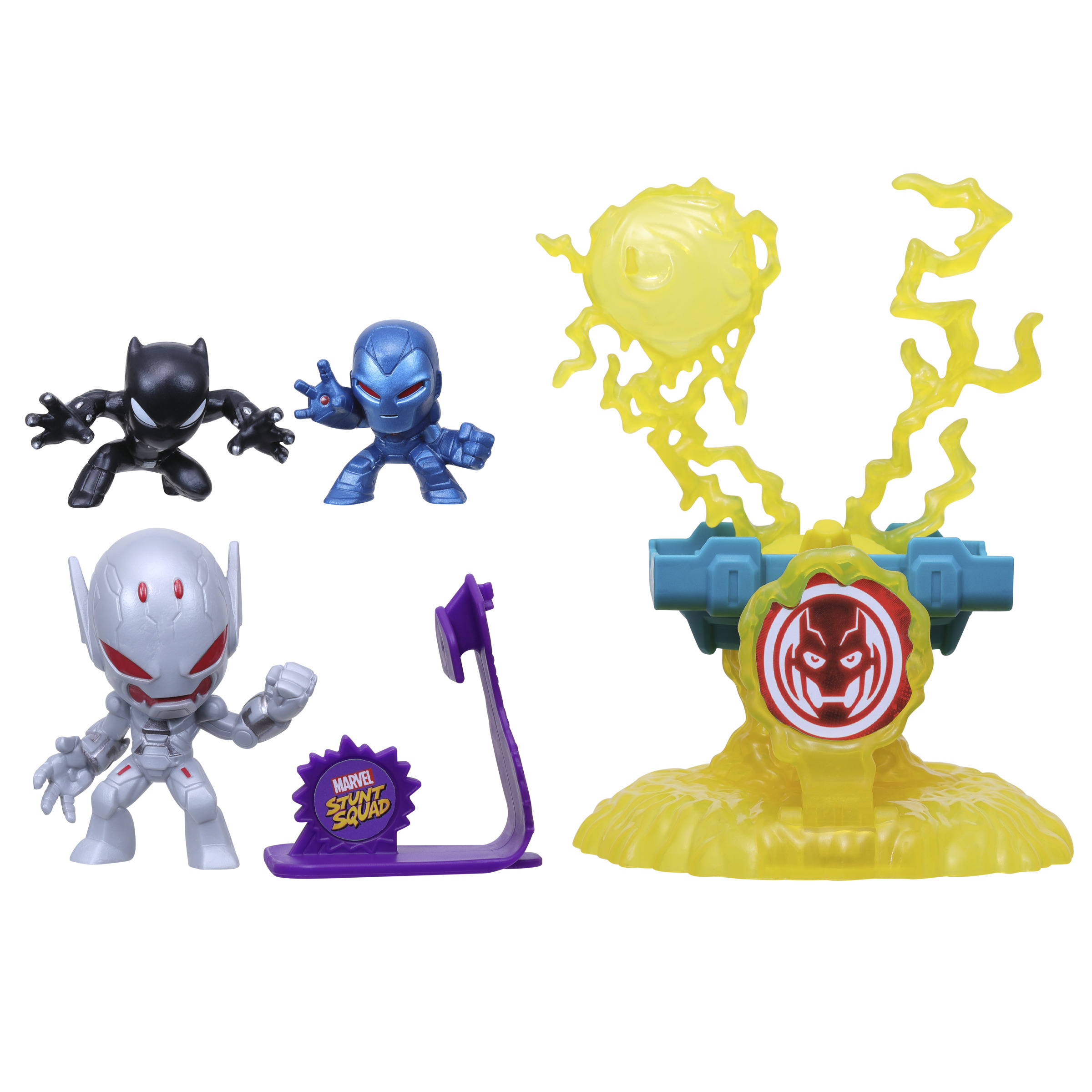 Juguetes Marvel Super Squad: tres figuras y una explosión de energía amarilla, sobre un fondo blanco.