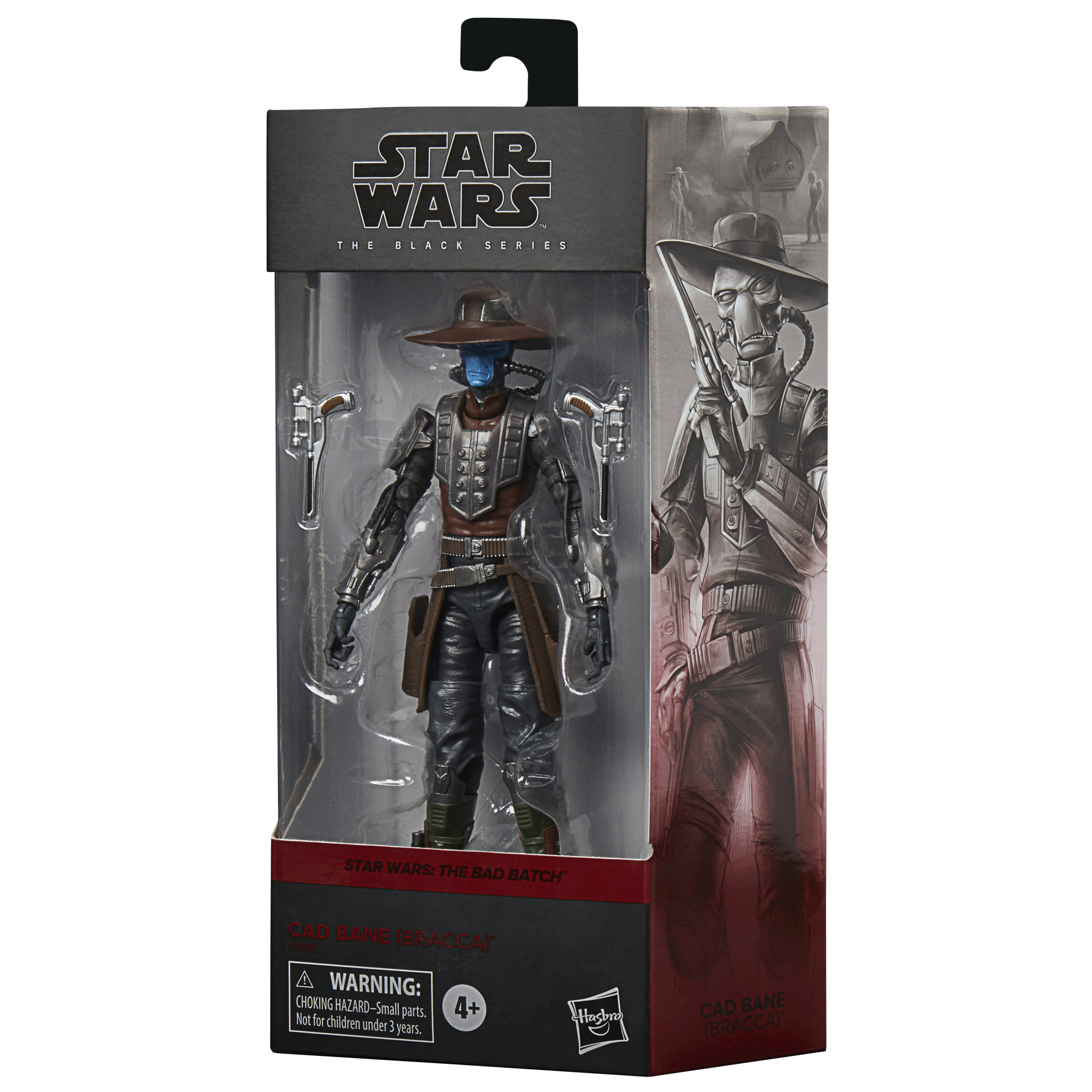 Figura de Star Wars en embalaje, Cad Bane, un personaje de piel azul con sombrero y pistolas.