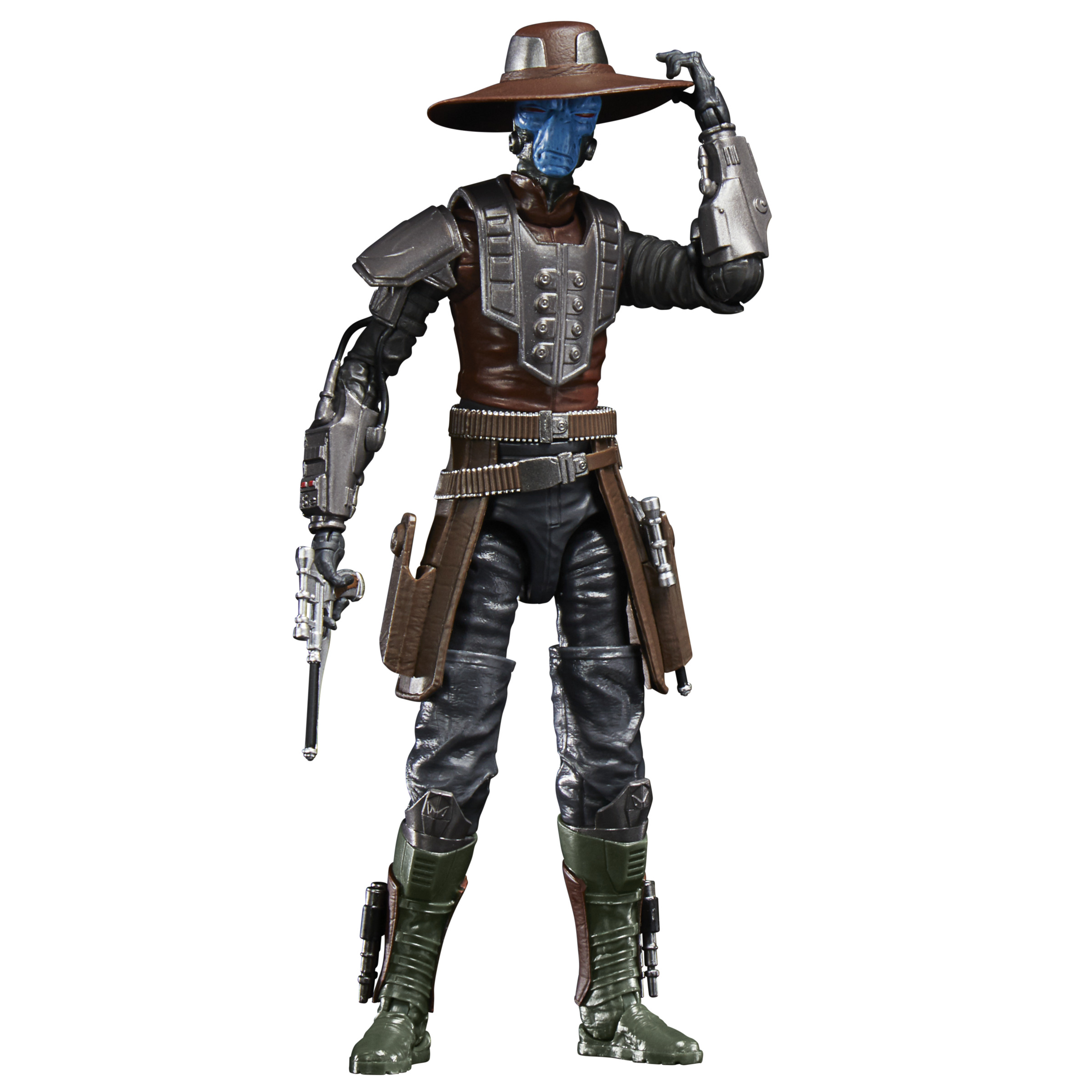 Una figura de acción de Star Wars Cad Bane está de pie. Tiene cara azul, sombrero marrón, chaleco y pantalón negro.