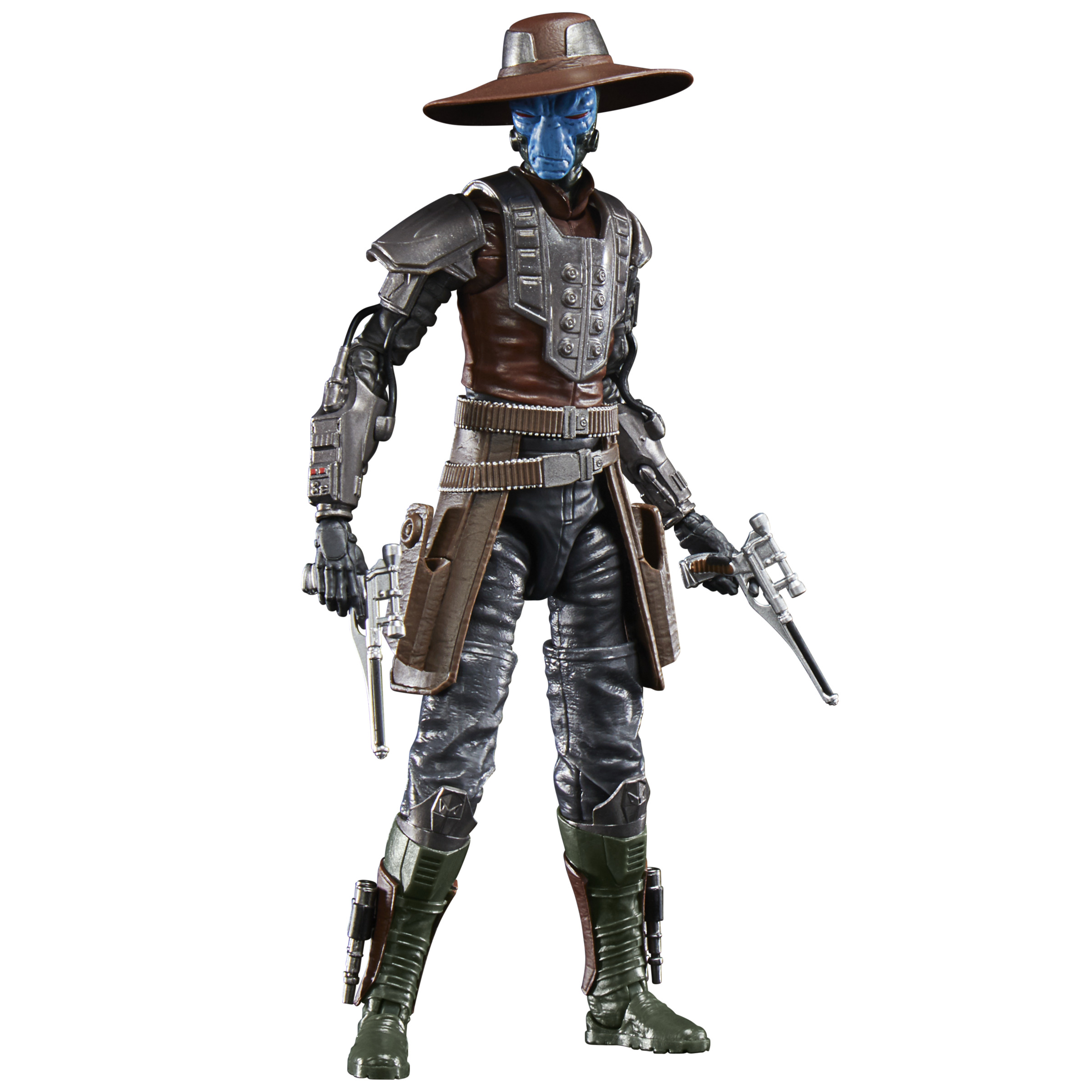 Figura de acción de Cad Bane, personaje de piel azul con atuendo marrón y negro, sosteniendo dos blásters.