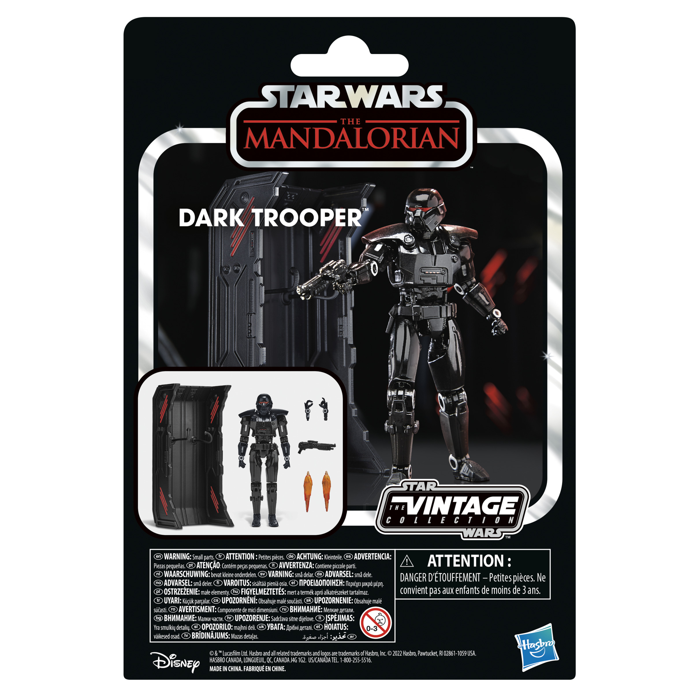 La parte trasera de la caja de una figura de acción de Dark Trooper de Star Wars. La figura es negra con accesorios y una pantalla.