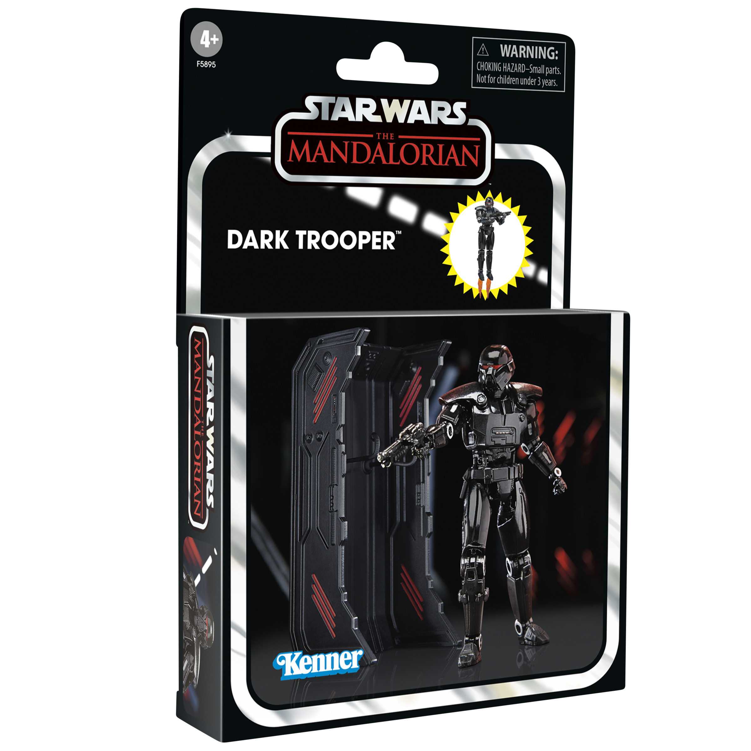 Figura de Star Wars Dark Trooper en caja. La figura es negra y roja, con casco y arma.