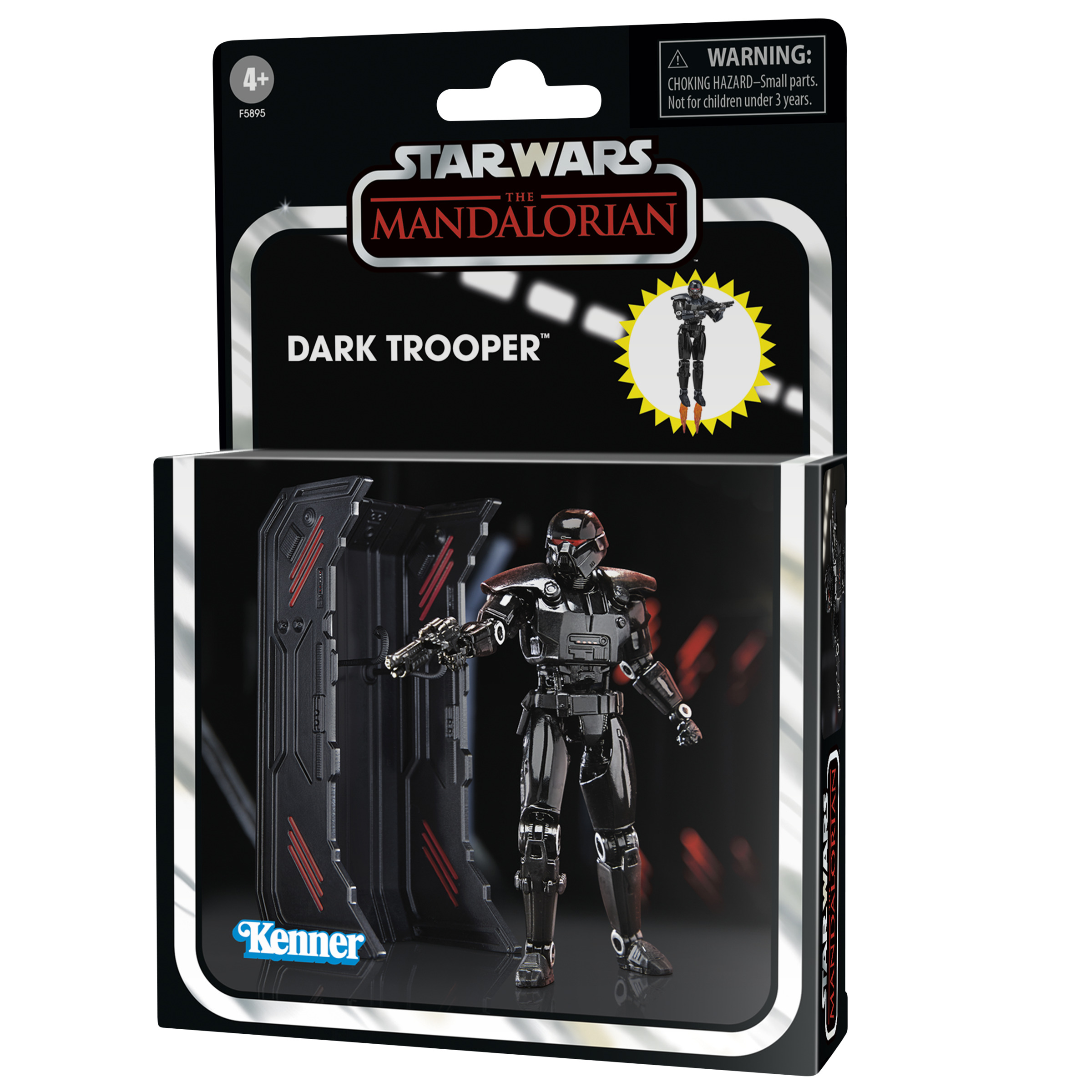 Juguete Dark Trooper de Star Wars The Mandalorian en caja, armadura negra, arma y empaque con advertencias.