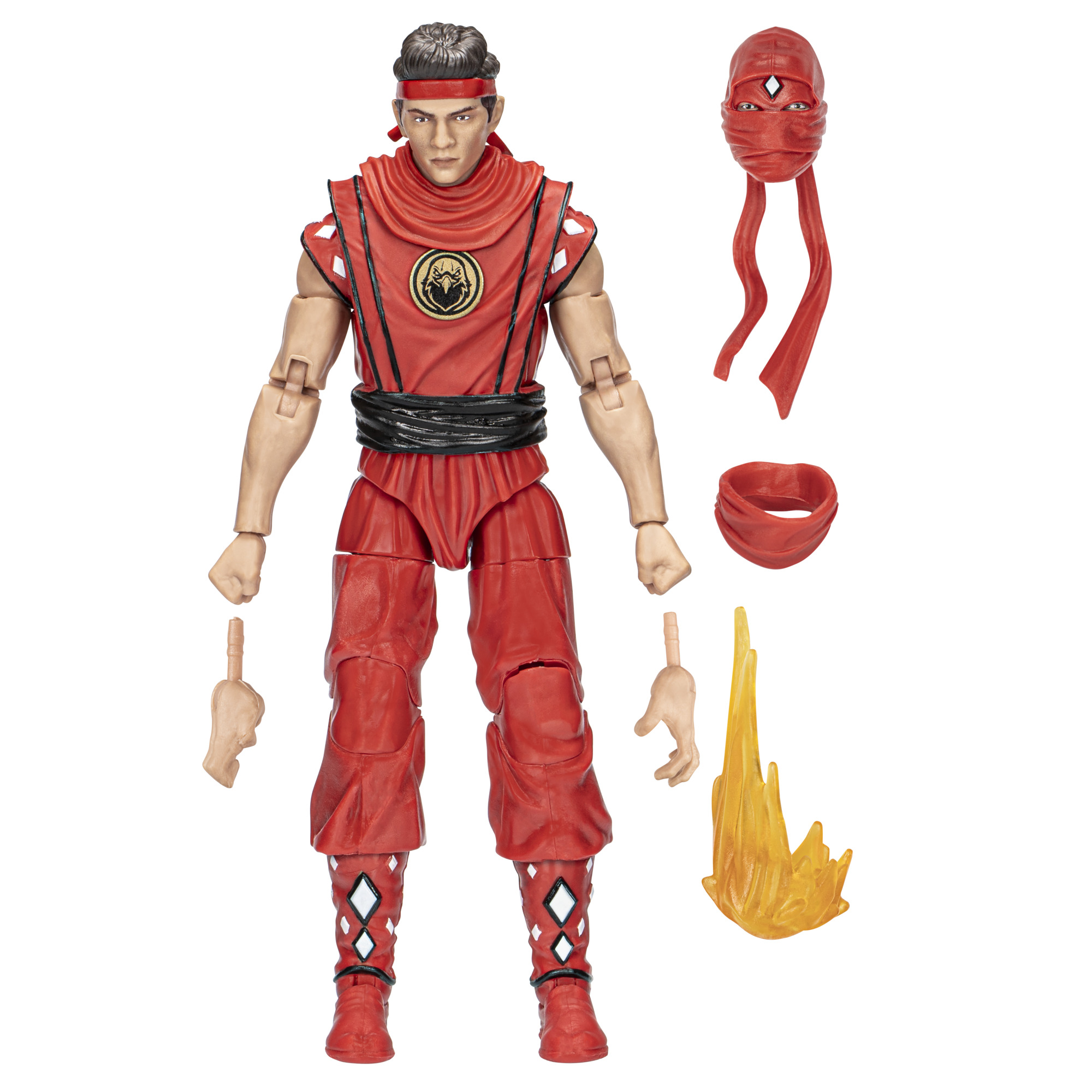 Figura de Power Ranger rojo con accesorios. Traje rojo, accesorios sobre fondo blanco.