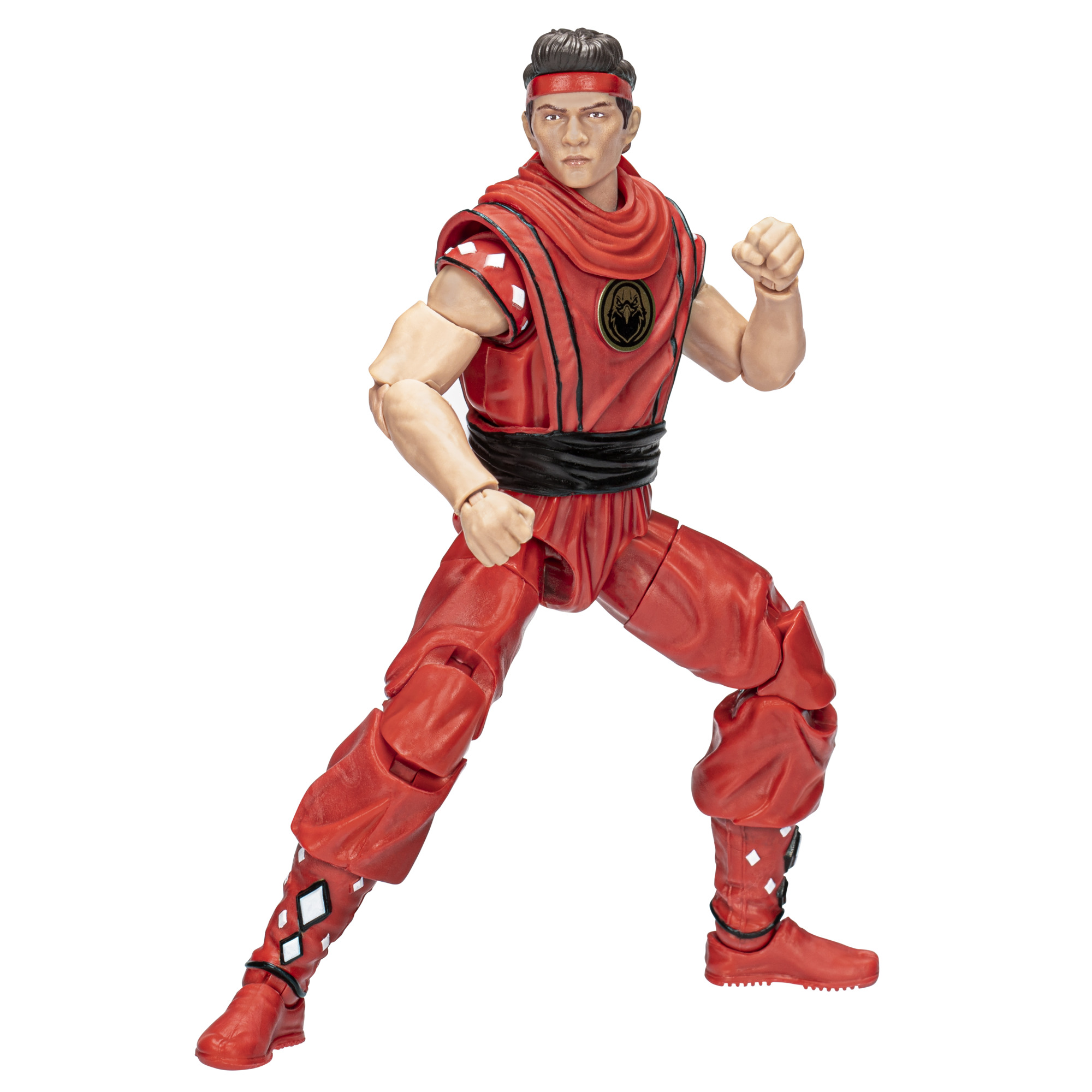 Un Power Ranger rojo con uniforme rojo, en pose de lucha, sobre fondo blanco.
