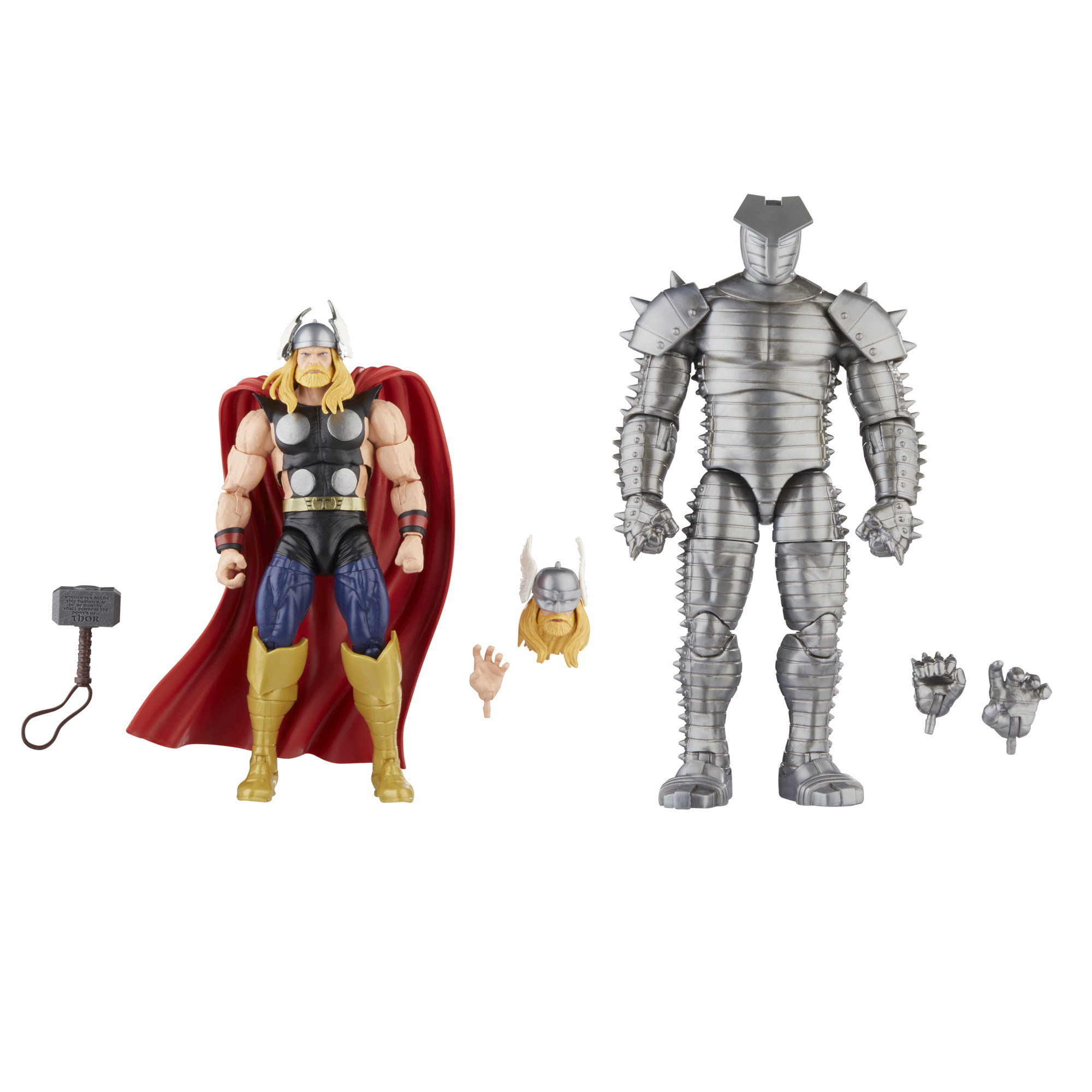Figuras de acción de Thor e Iron Man. Thor sostiene un martillo e Iron Man tiene manos extra.