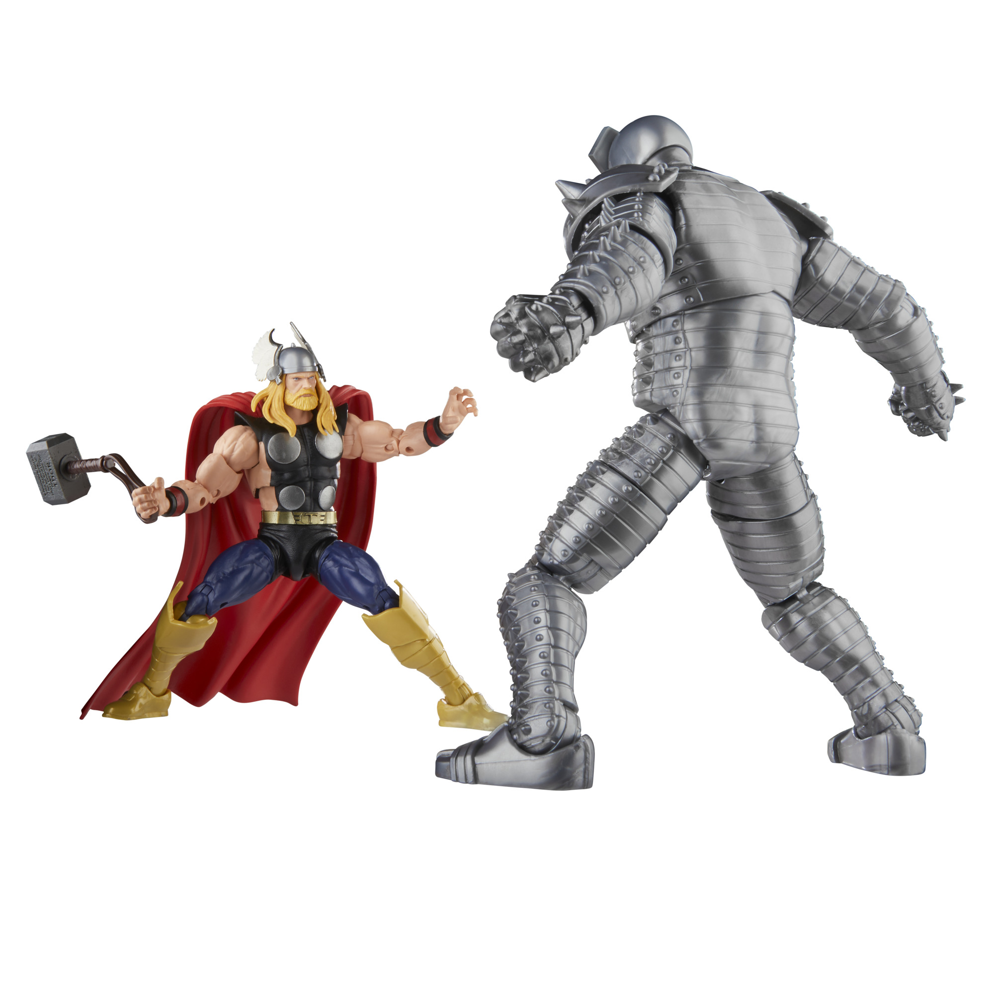 Figura de acción de Thor con martillo, enfrentándose a figura blindada, sobre fondo blanco.