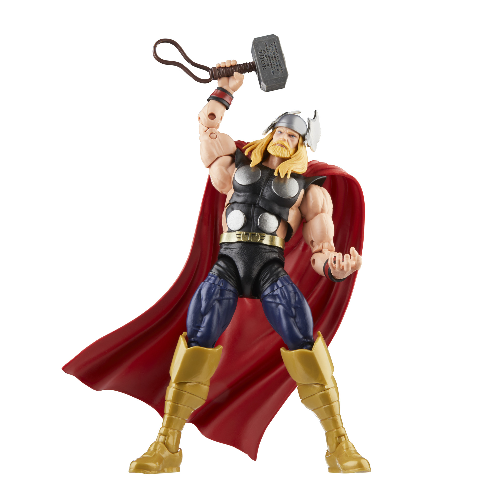 Figura de acción de Thor en pose dinámica, levantando un martillo. Capa roja, pelo rubio.