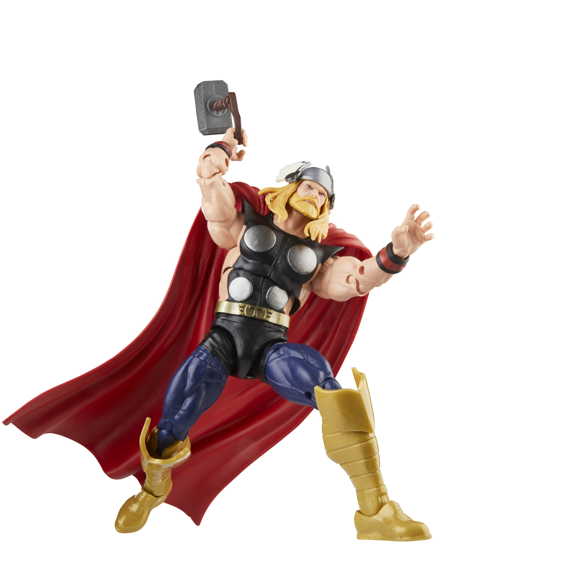 Figura de acción de Thor en pose heroica, sosteniendo un martillo y usando una capa roja.