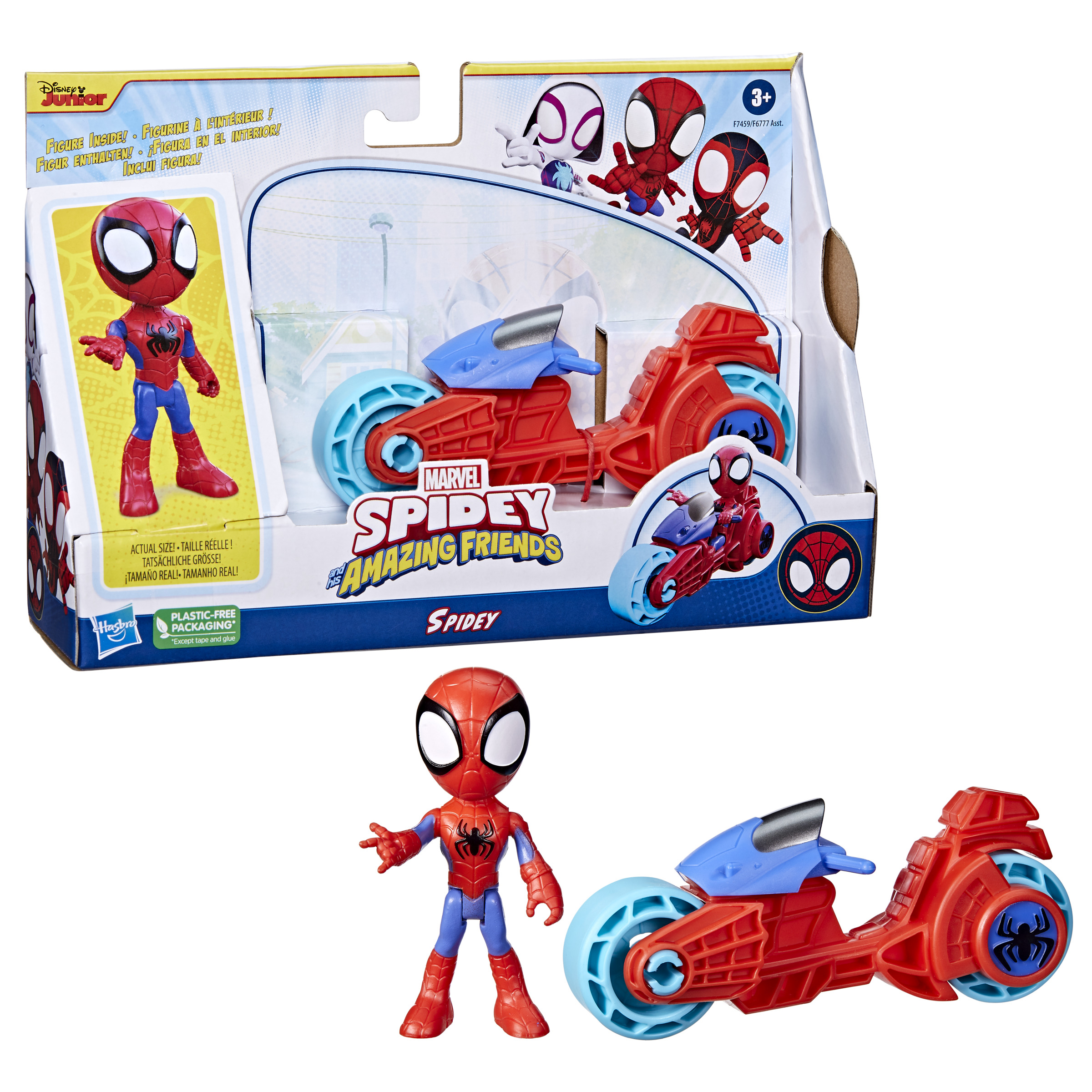 Zestaw zabawek Spidermana: figurka i czerwony motocykl Spidey z niebieskimi kołami.