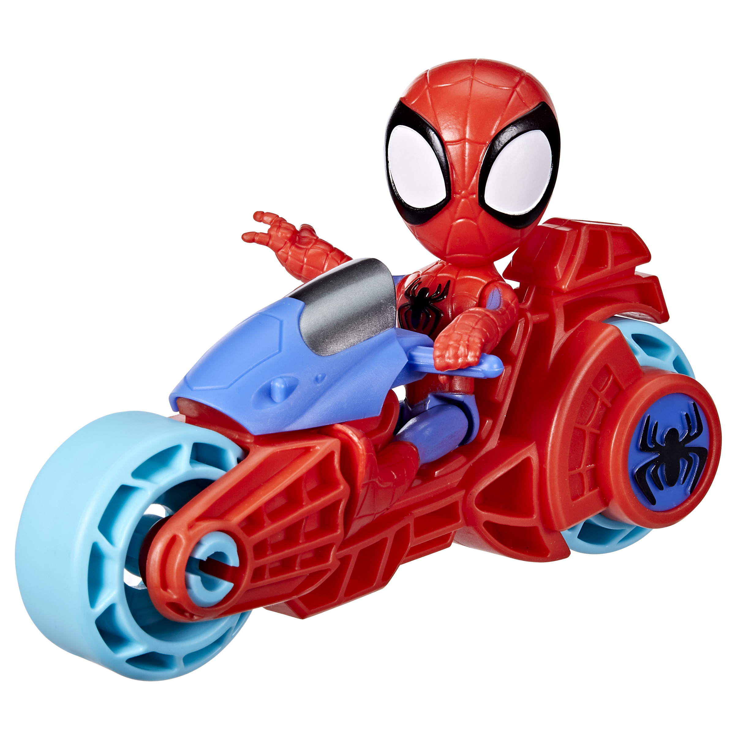 Spider-Man na czerwono-niebieskim motocyklu-zabawce. Białe tło.