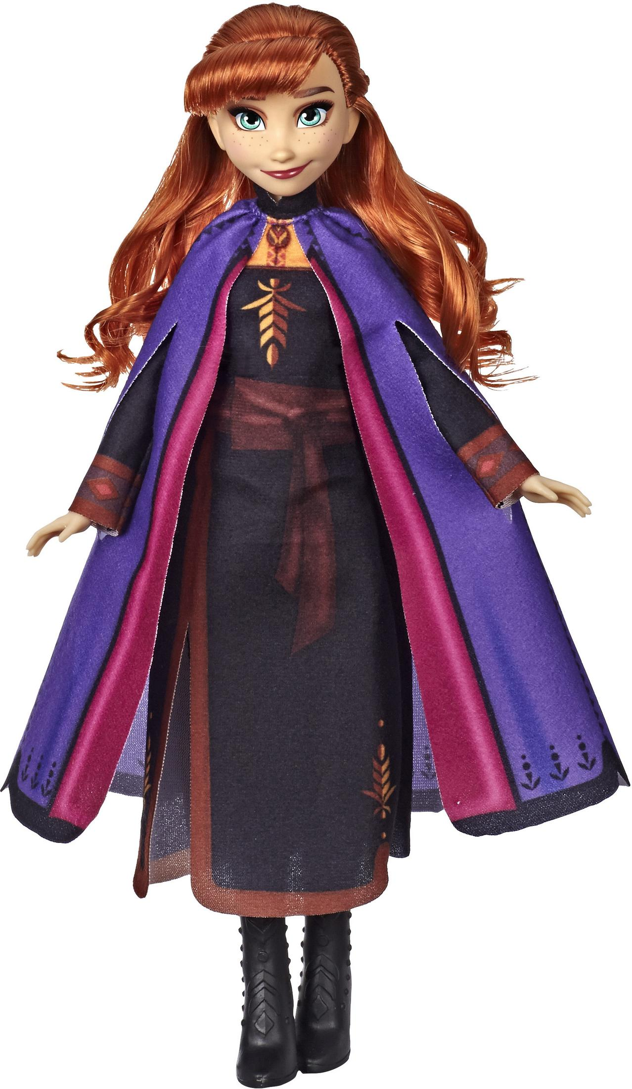 Eine Puppe von Anna aus Frozen, die ein schwarzes Kleid mit lila Umhang und rotem Haar trägt.
