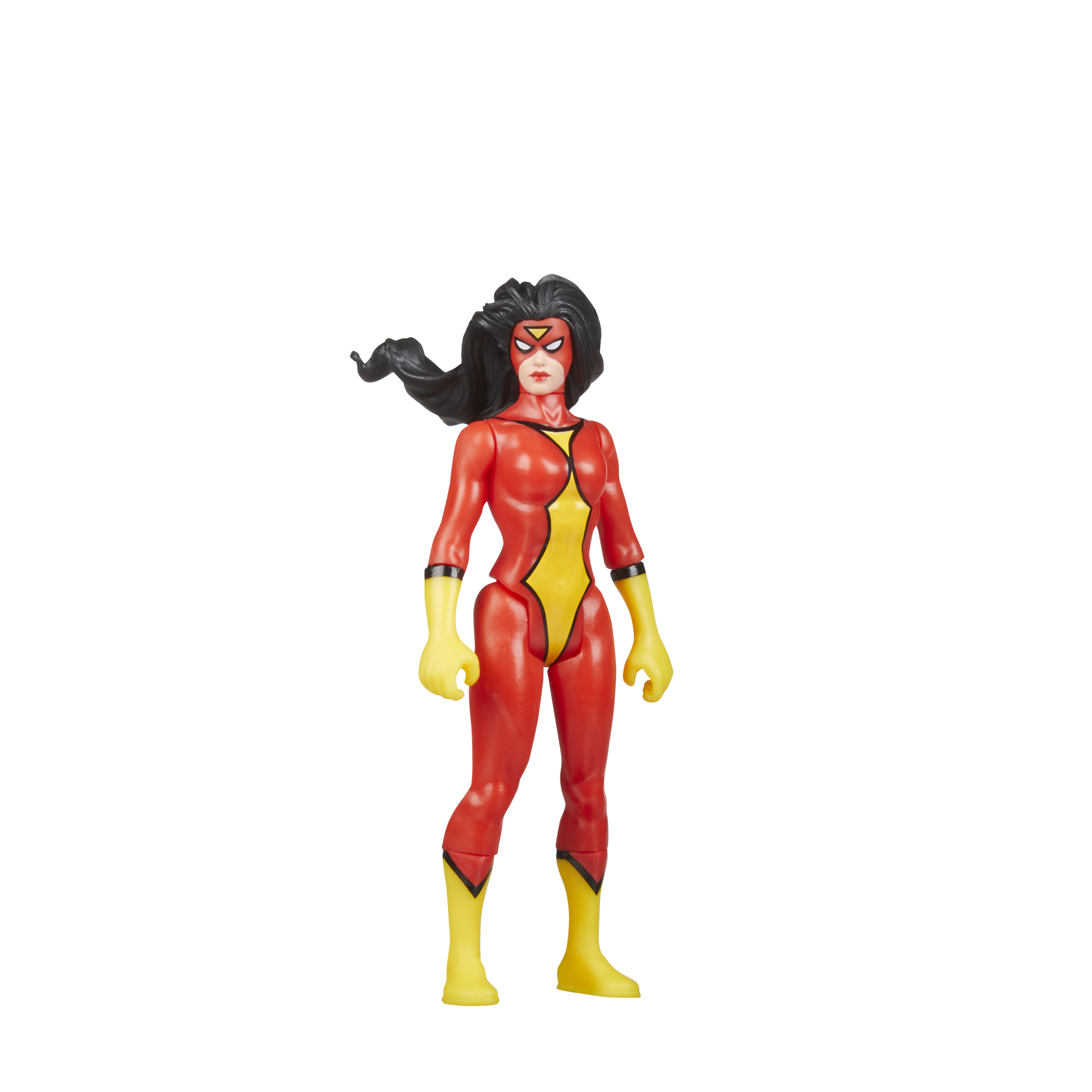 Spider-Woman Spielfigur. Roter und gelber Anzug, schwarze Haare, steht auf weißem Hintergrund.