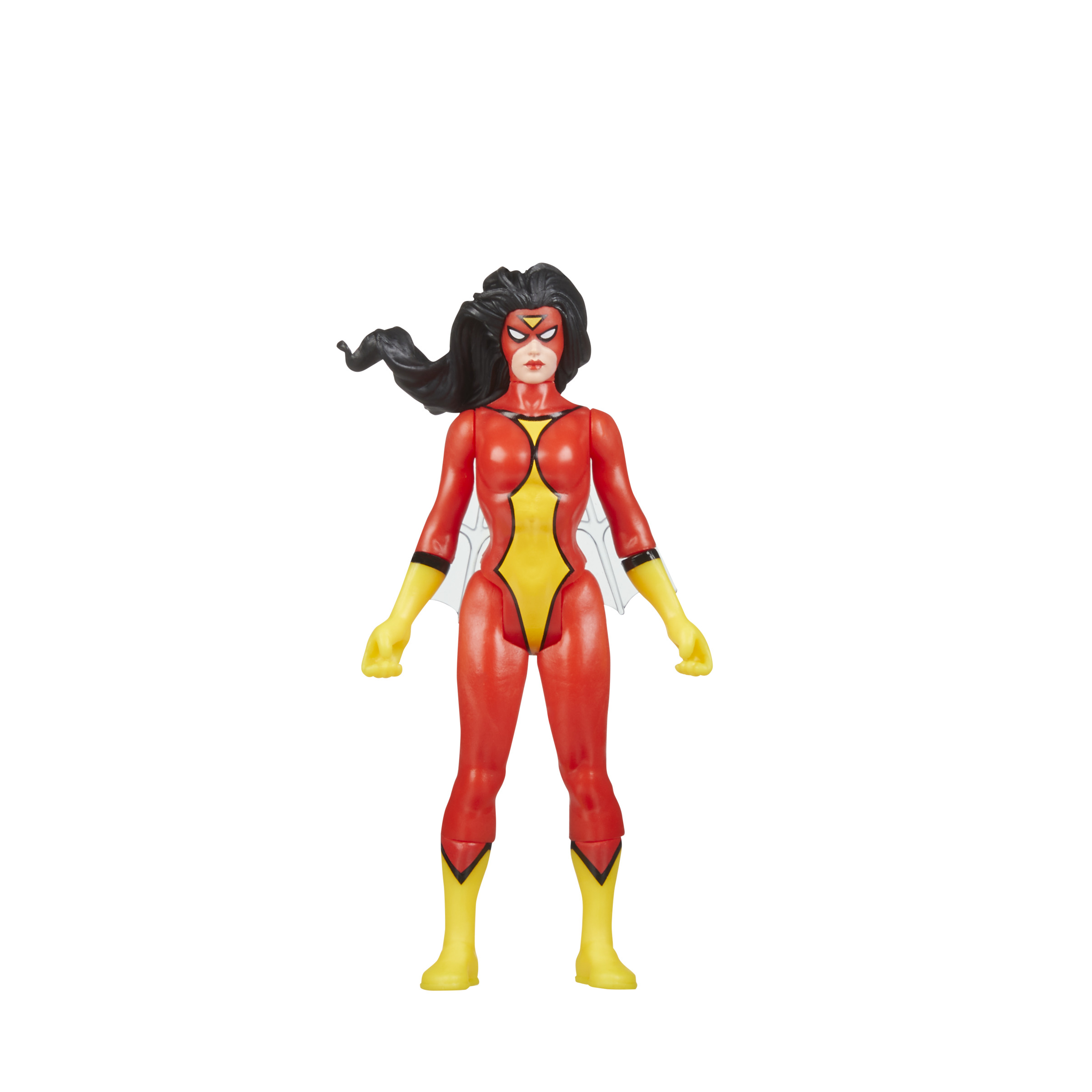 Spider-Woman-Actionfigur. Roter und gelber Anzug, schwarzes Haar und weiße Flügel. Weißer Hintergrund.