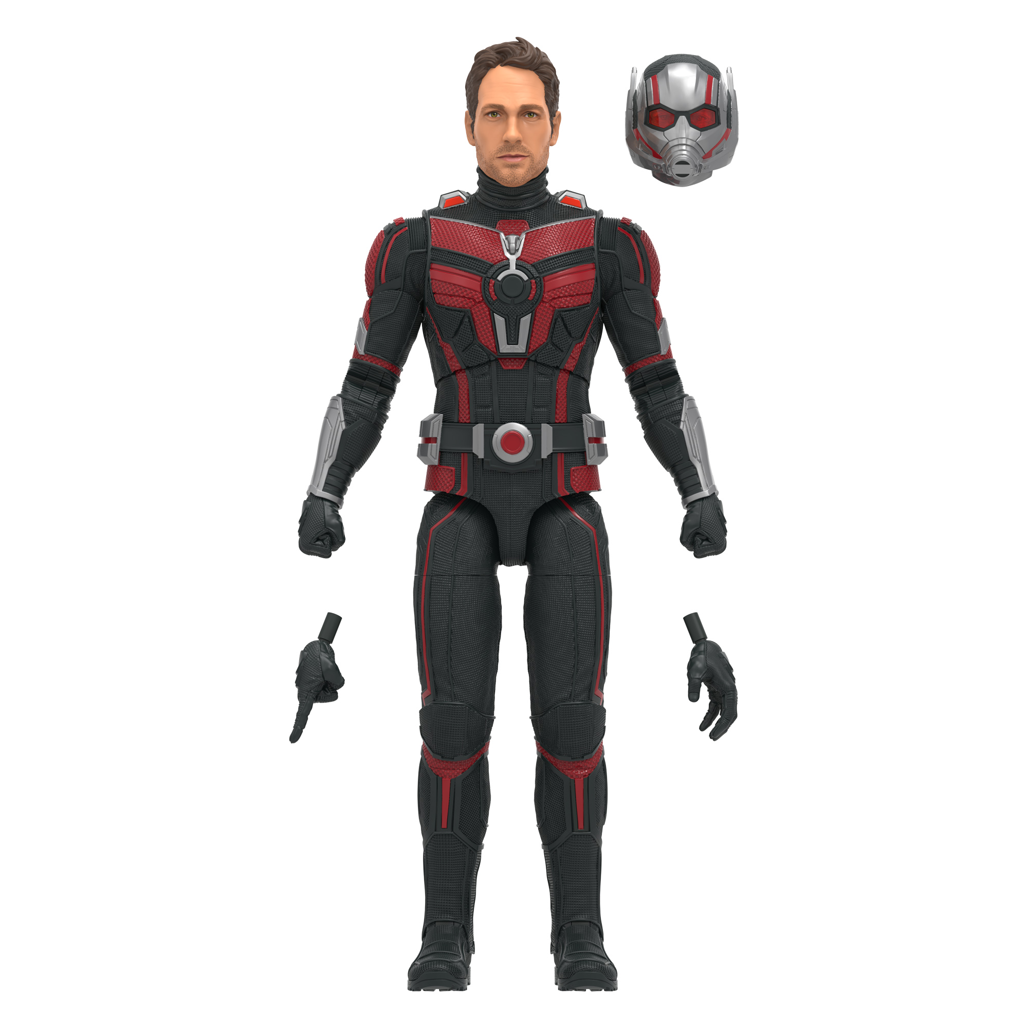 Figura de acción de Ant-Man con accesorios. Traje rojo y negro, casco plateado y manos adicionales.