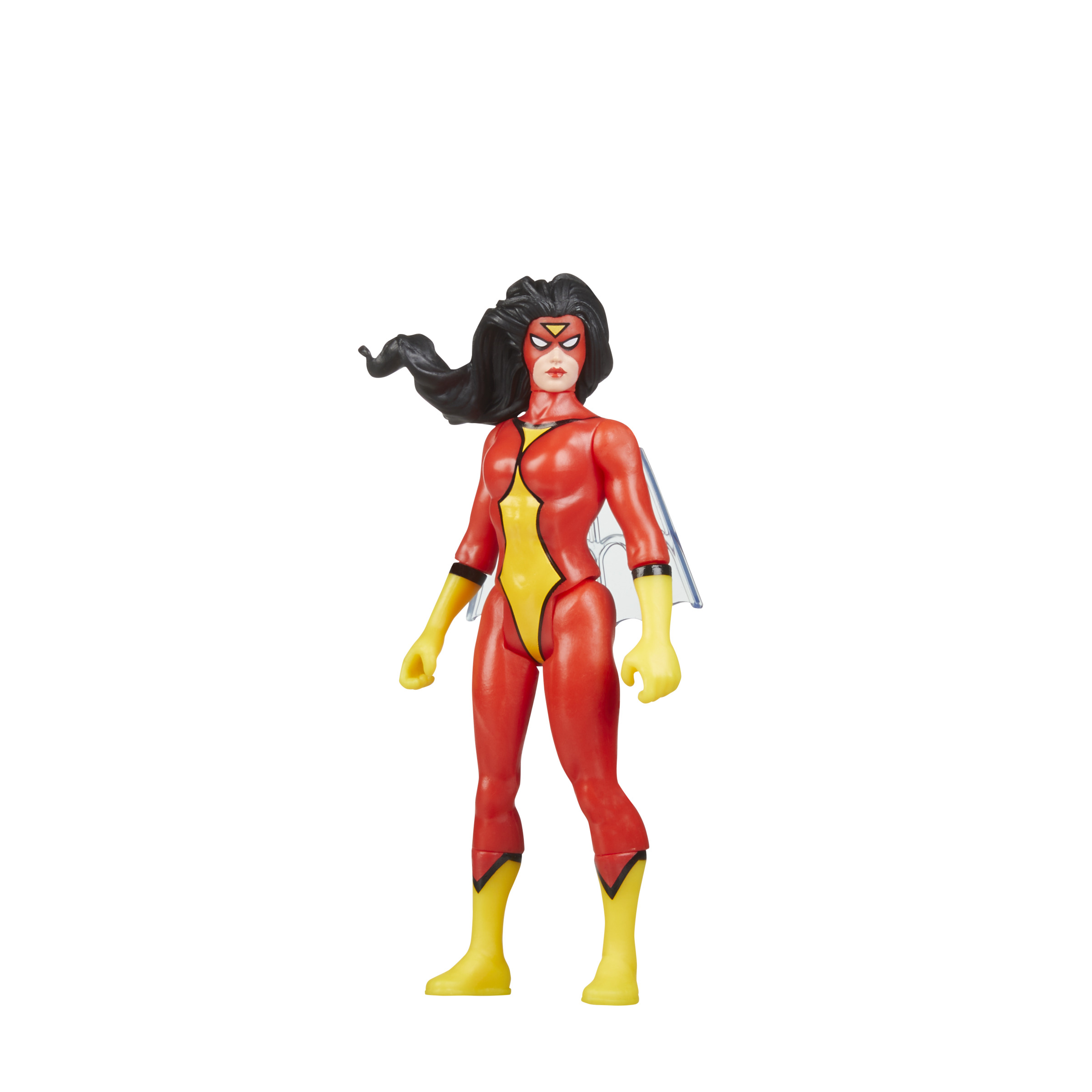 Spider-Woman Actionfigur, roter und gelber Anzug, langes schwarzes Haar.
