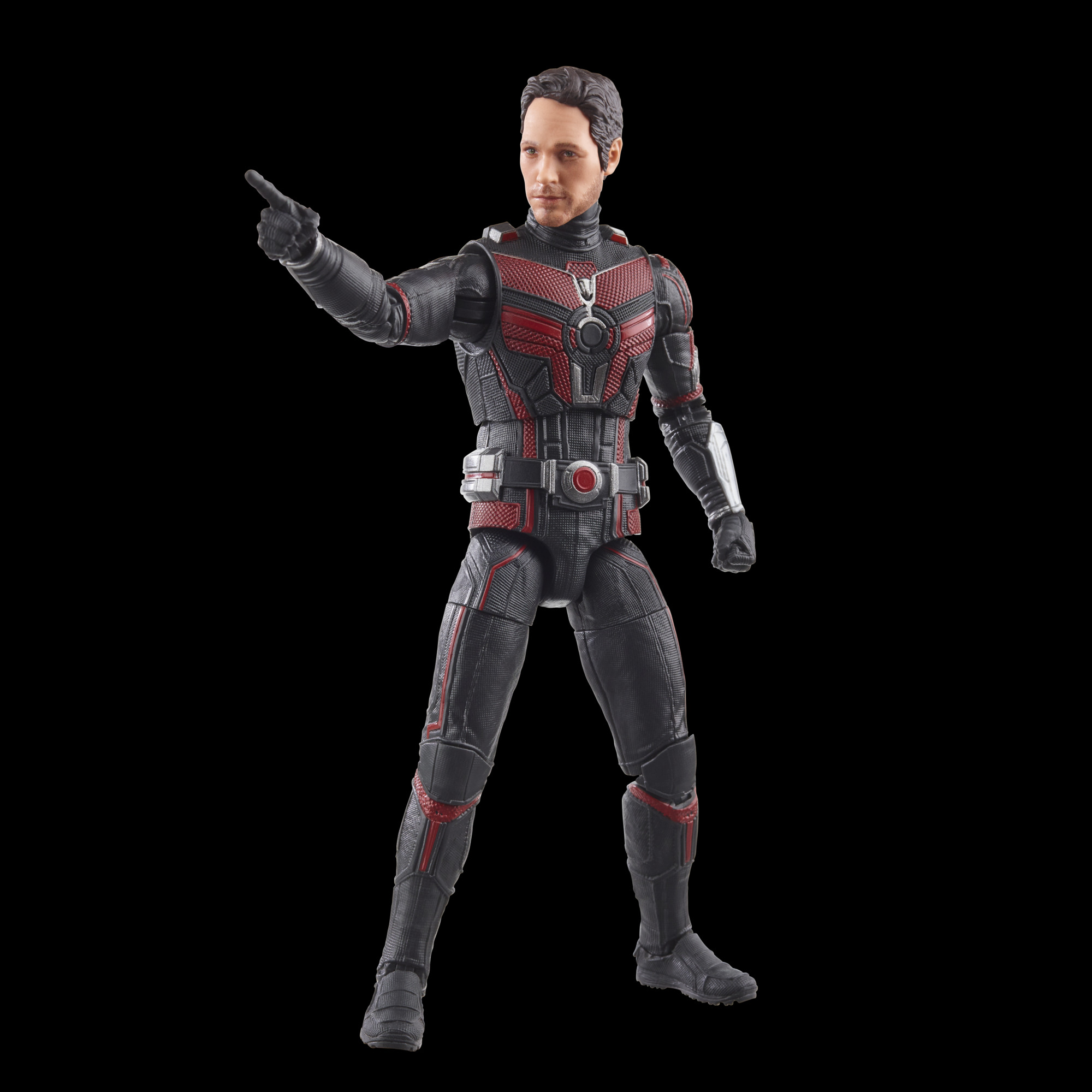 Una figura de acción de Ant-Man con un traje negro y rojo, señalando con su brazo derecho hacia adelante.