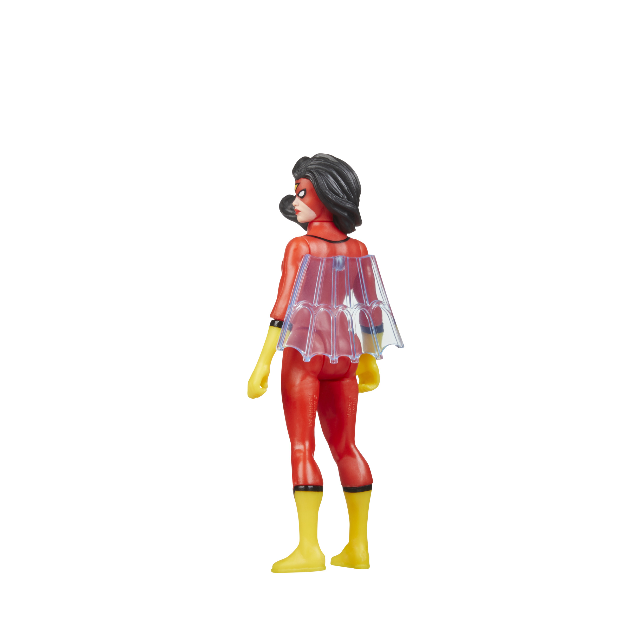 Spider-Woman-Actionfigur, roter Anzug mit gelben Handschuhen und Stiefeln, auf weißem Hintergrund.