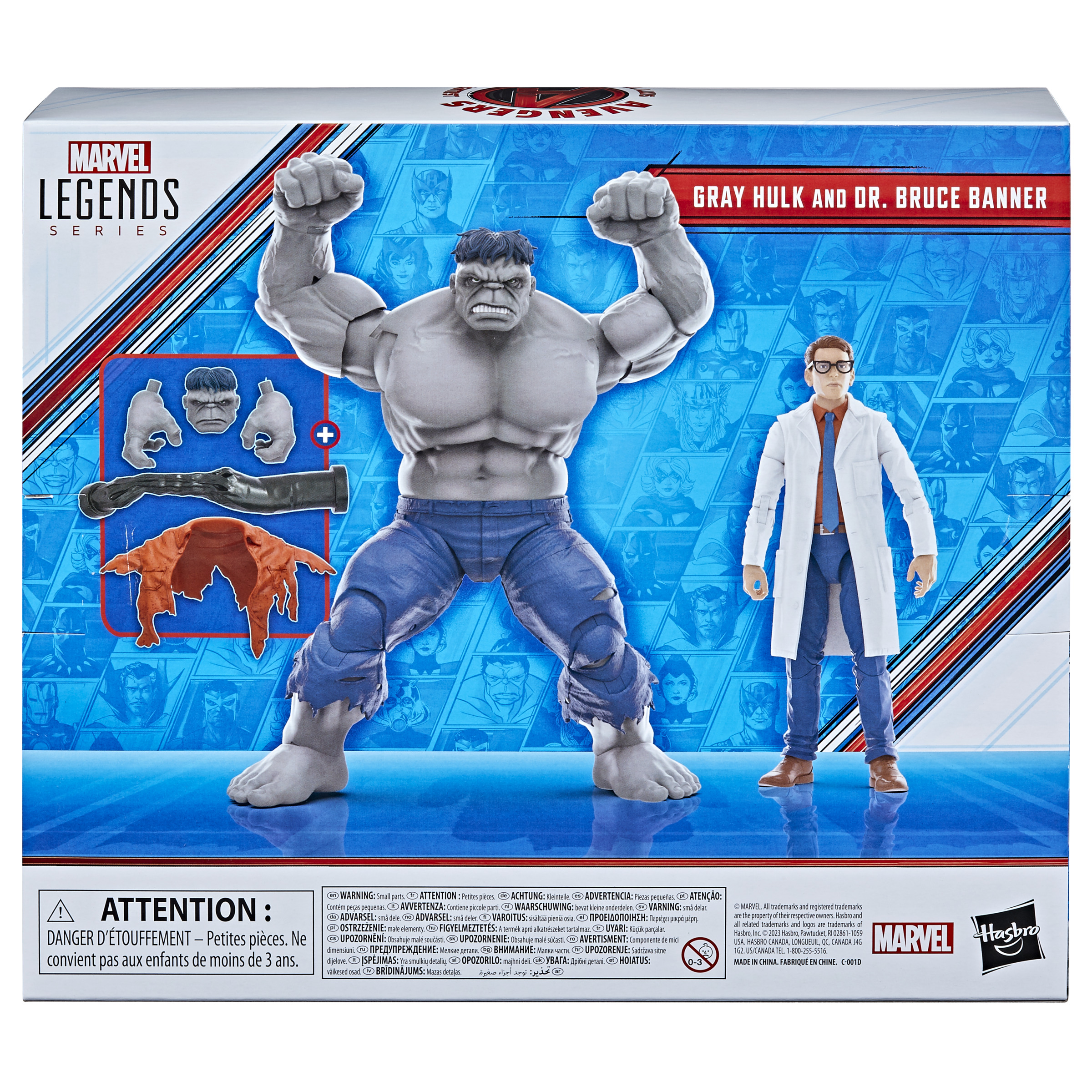 Parte trasera de una caja con figuras de acción de Gray Hulk y Dr. Bruce Banner. Incluye manos y ropa extra.