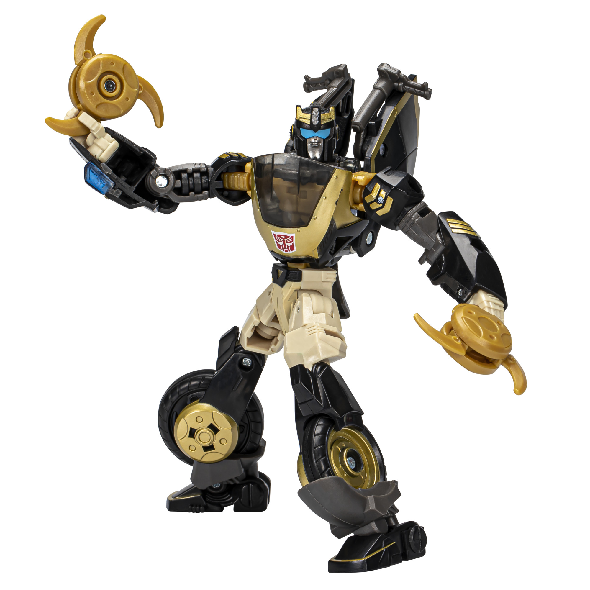 Una figura de acción Transformers, de color negro, dorado y blanco, sosteniendo dos cuchillas doradas.