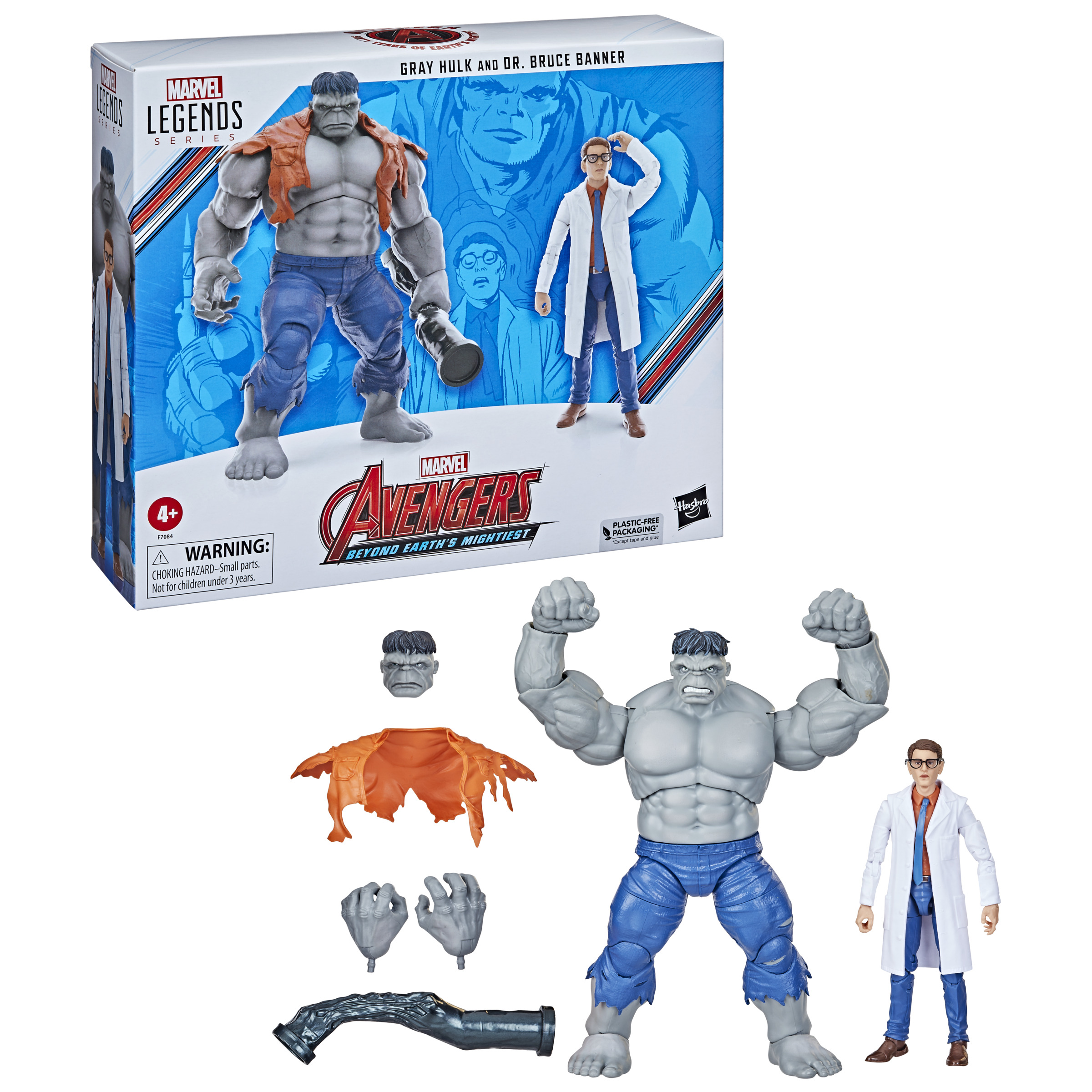 Figuras de Hulk y Dr. Bruce Banner con embalaje y accesorios.