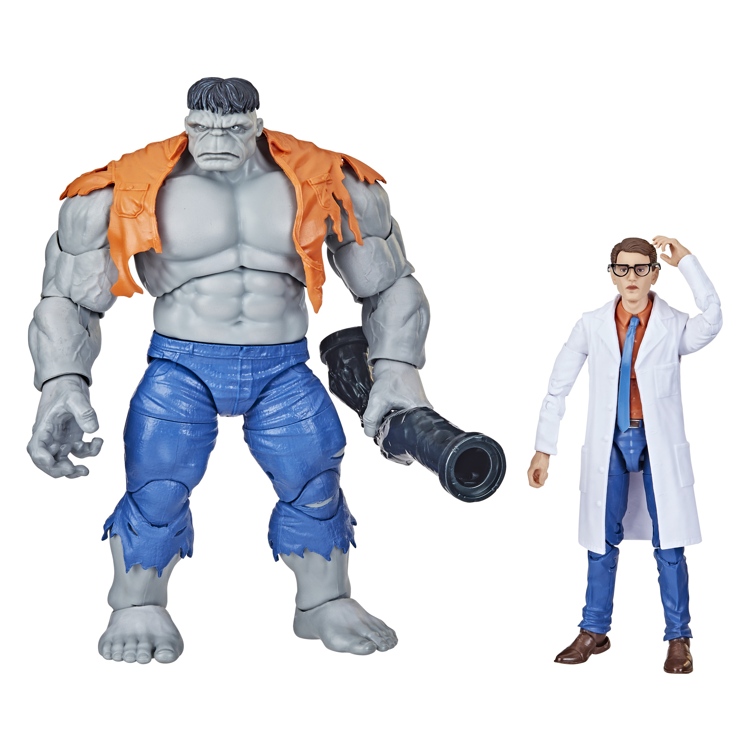 Dos figuras de acción. Uno es un Hulk gris con camisa naranja rasgada y pantalones azules. El otro es un hombre con bata de laboratorio.