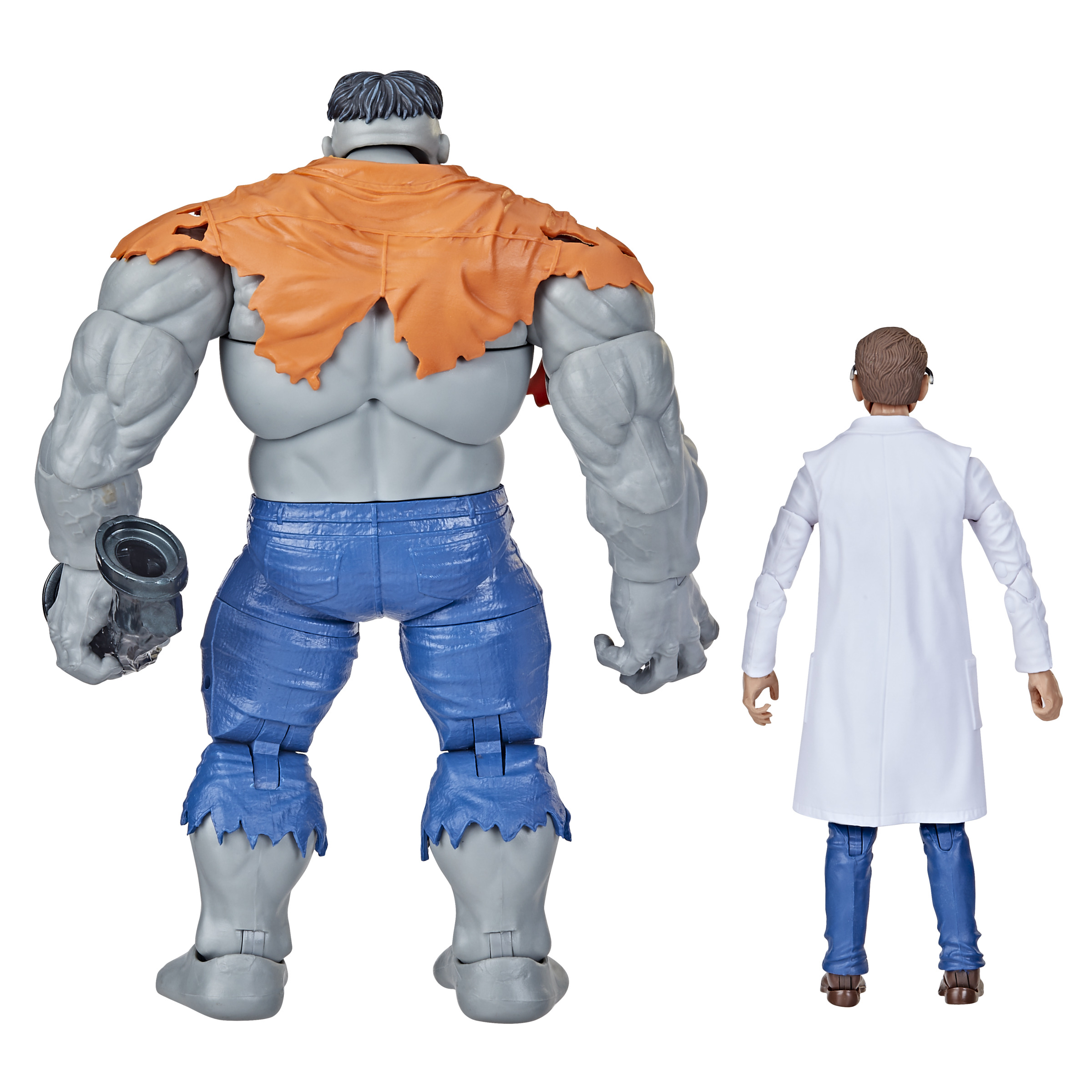 Dos figuras de acción, Hulk gris y científico con bata blanca.