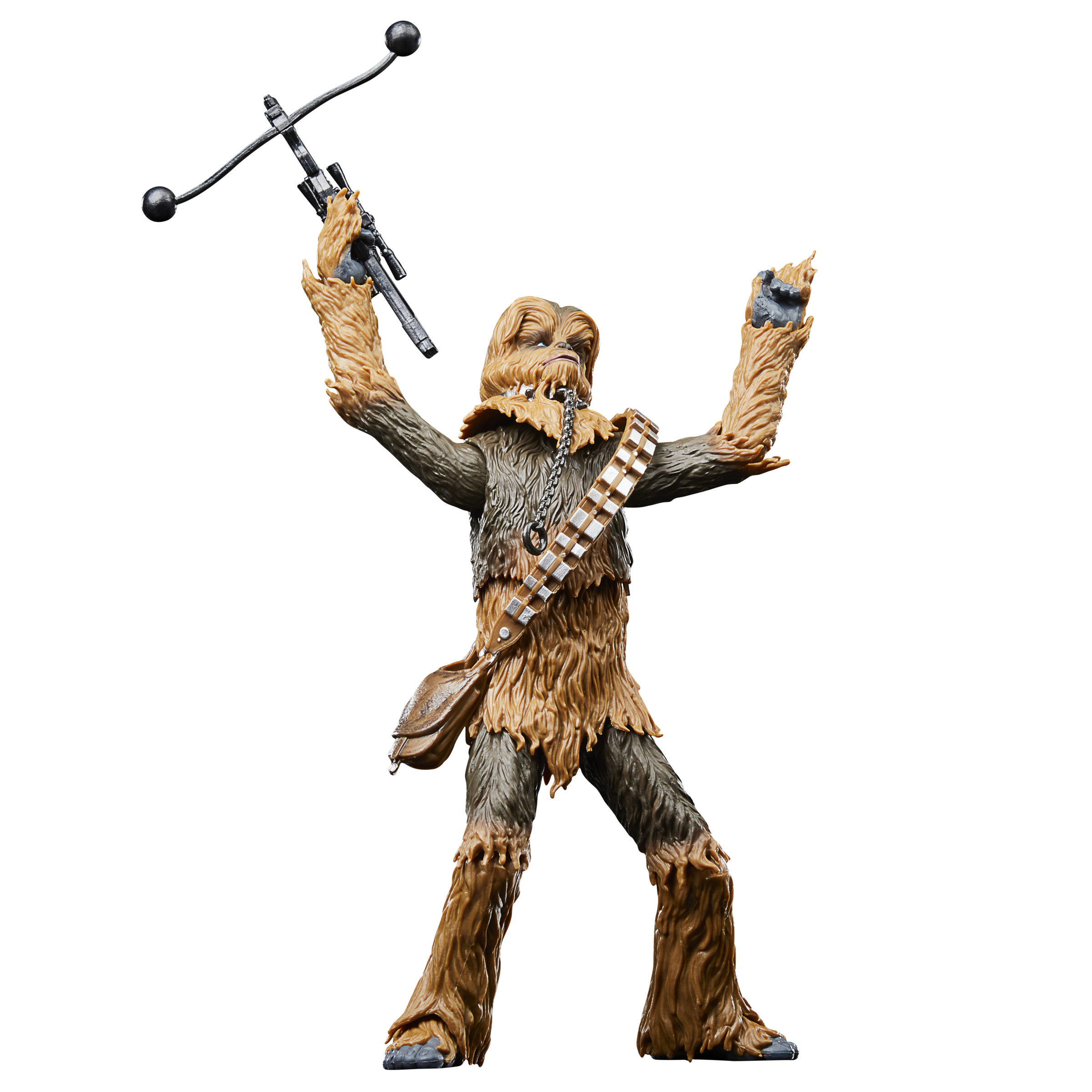 Figurka Chewbaccy z podniesionymi ramionami. Trzyma kuszę i urządzenie. Nosi bandolier.