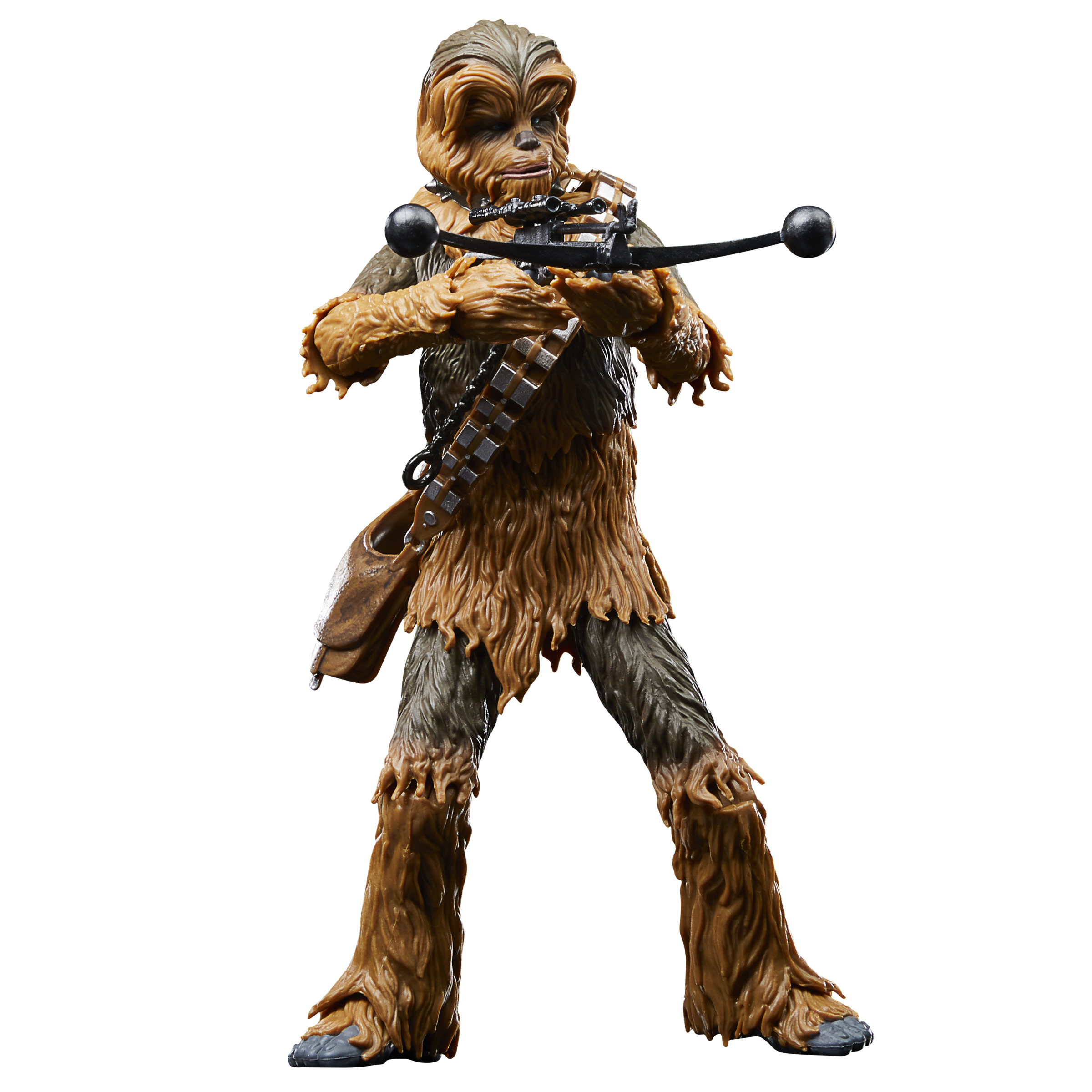 Figurka akcji Chewbacca trzymająca kuszę, ubrana w brązowe futro z bandolierem.