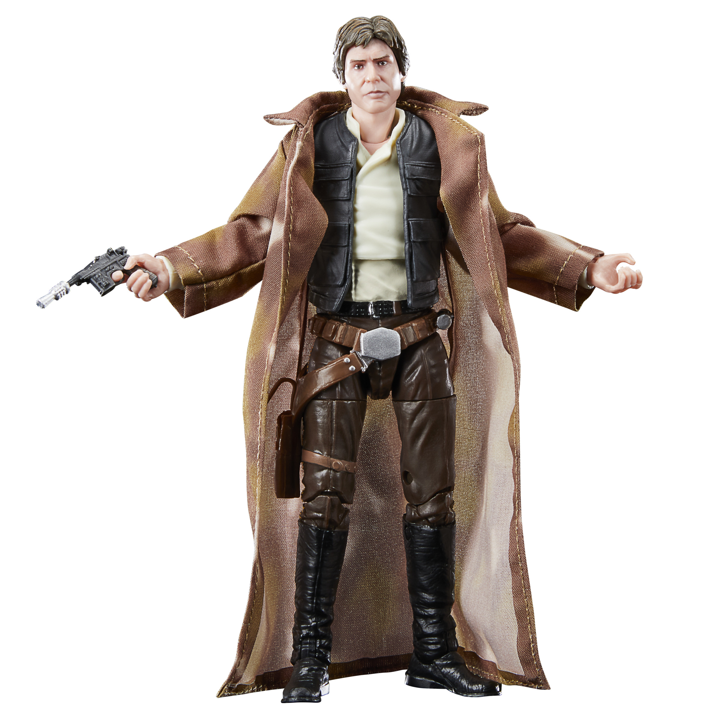 Figura de acción de Han Solo con abrigo largo y pistola, de pie, sobre fondo blanco.
