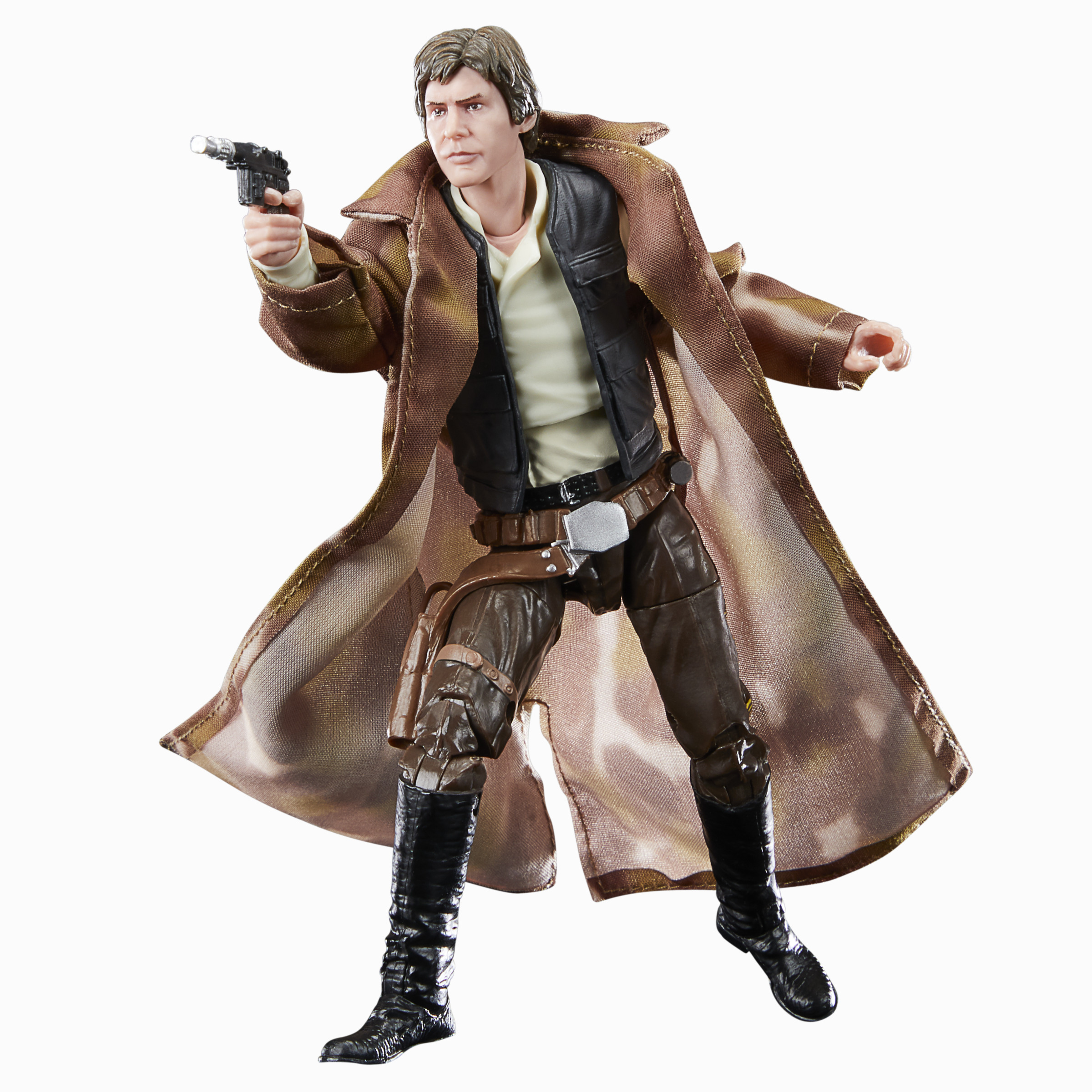 Figura de acción de Han Solo. Vestido con abrigo marrón y empuñando una pistola.