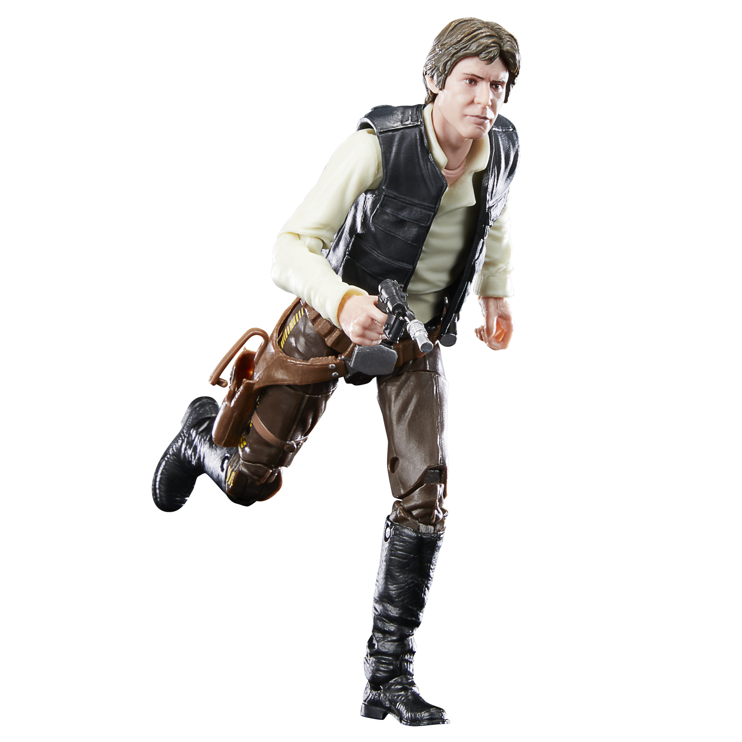 Una figura de acción de Han Solo con chaleco, sosteniendo un arma, corriendo hacia adelante. Lleva una pistolera y botas.