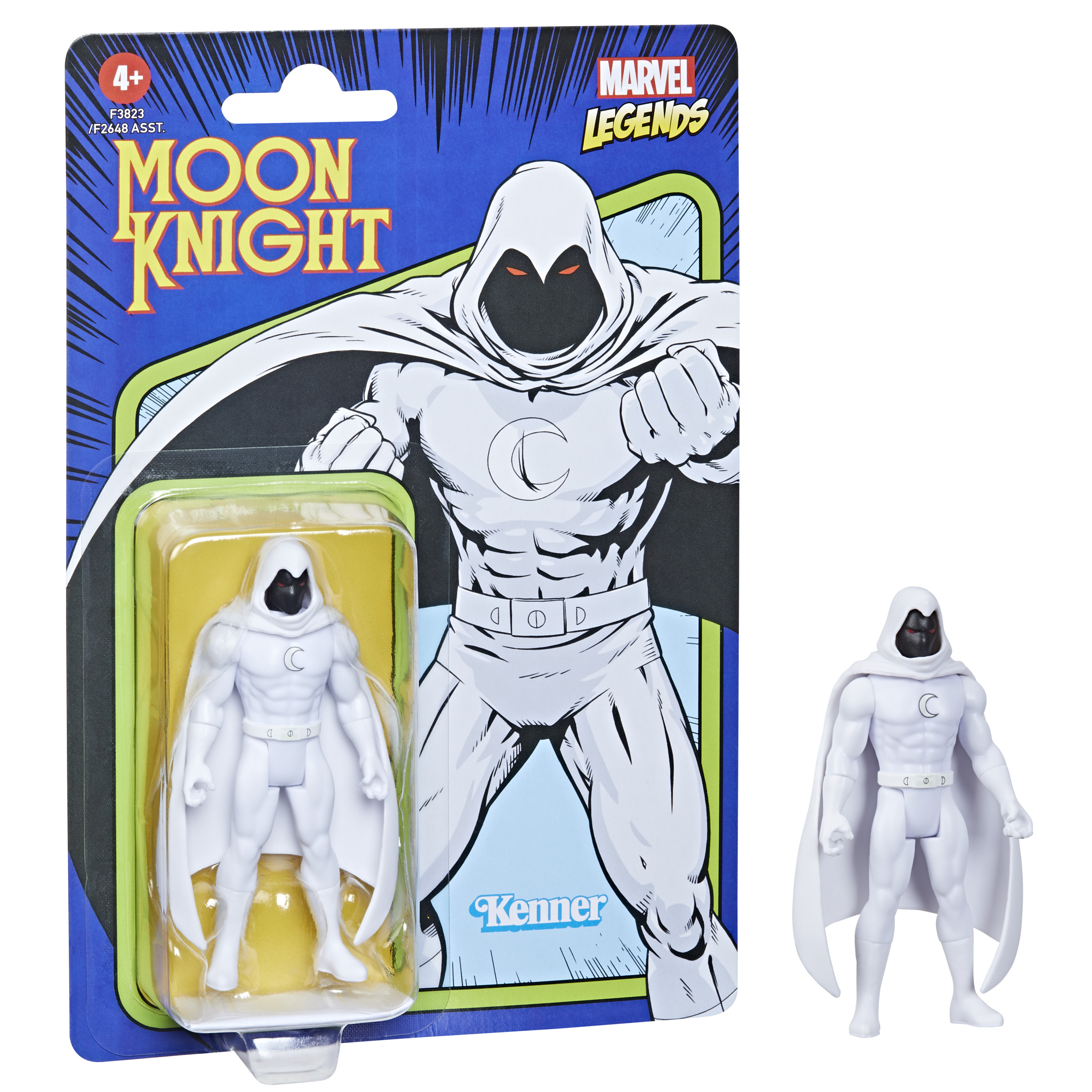 Figura de acción de Moon Knight en embalaje. Traje blanco, capa. Dos figuras, embalaje y figura por separado.