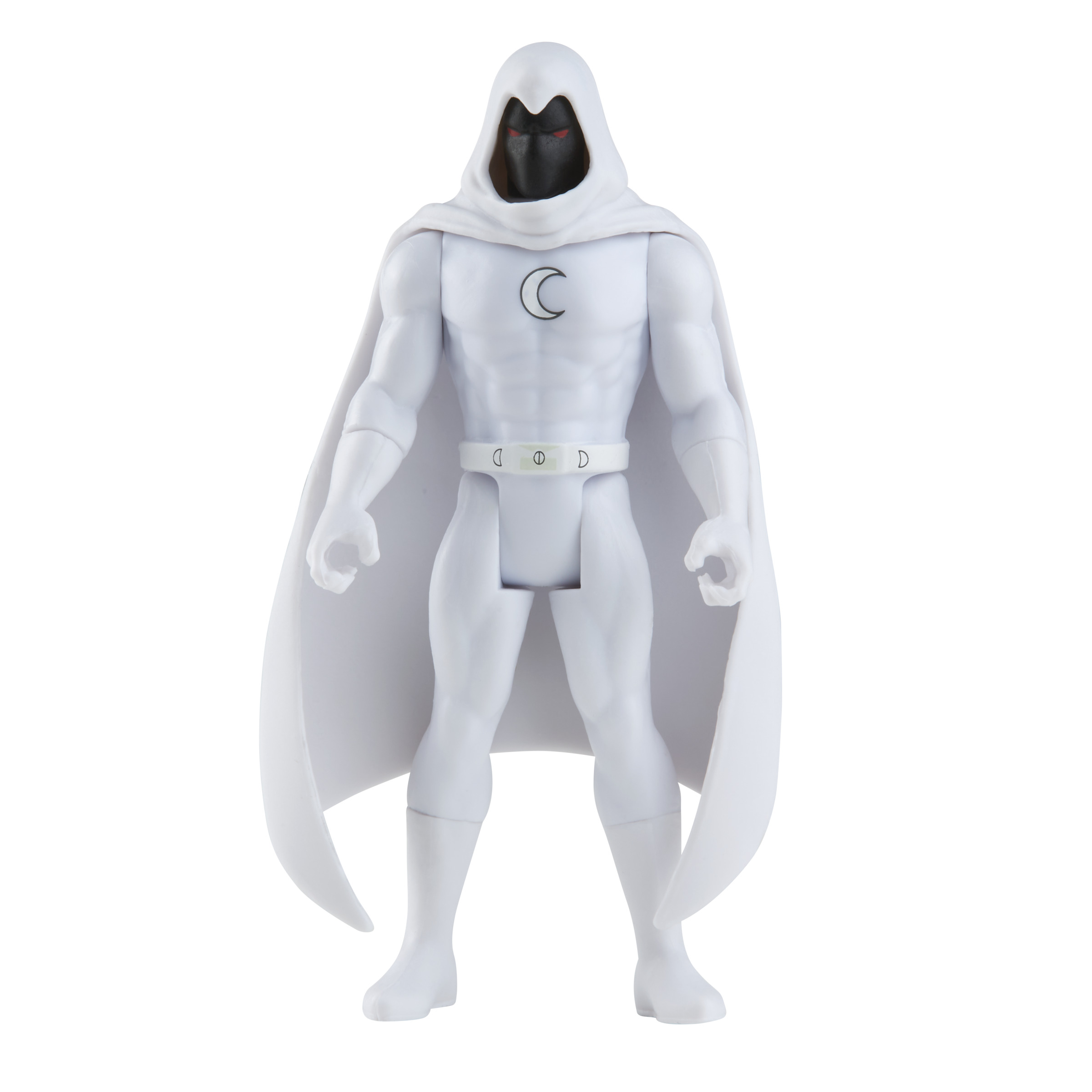 Una figura de acción de superhéroe blanco con capucha y capa. La figura tiene un símbolo de media luna en el pecho.