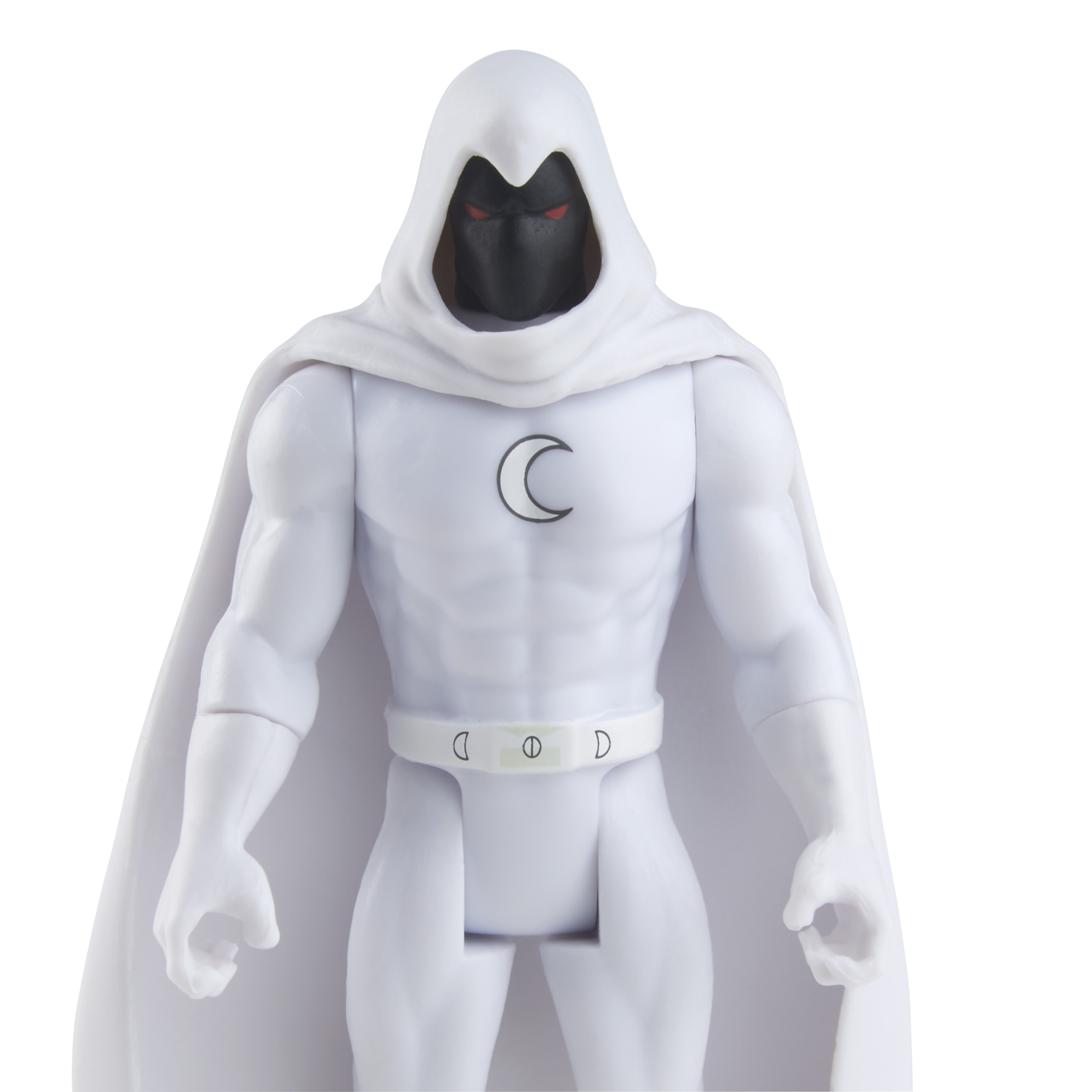Figura de acción de Moon Knight, con un traje blanco y capa. Tiene un símbolo de luna creciente.