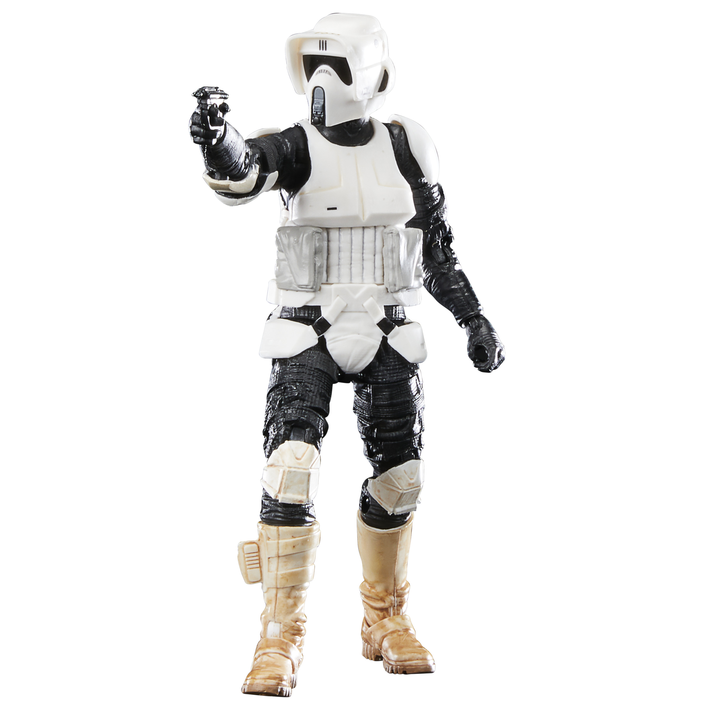 Una figura de acción de Star Wars Scout Trooper con armadura blanca, sosteniendo un bláster, sobre un fondo blanco.