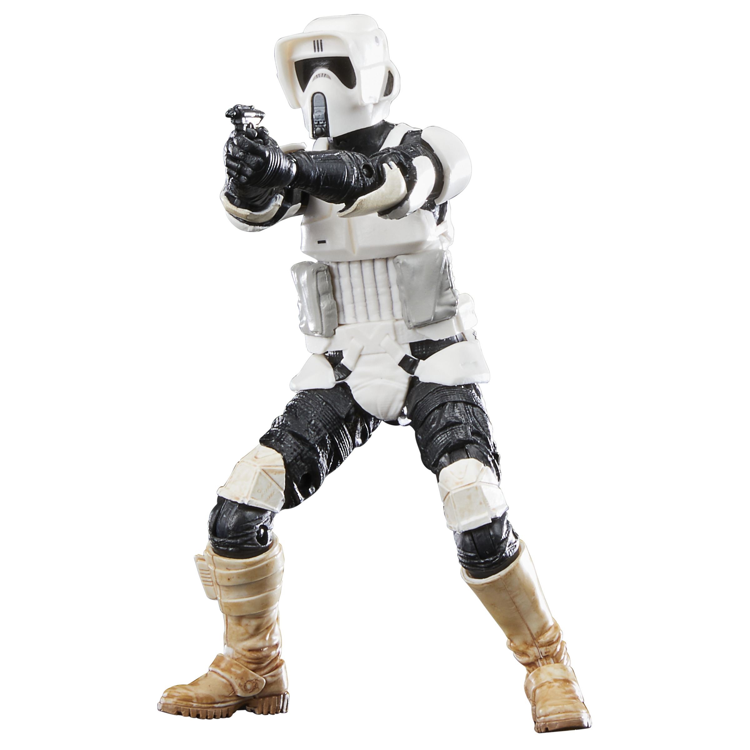 Figura de acción de Star Wars Scout Trooper en armadura blanca y negra, sosteniendo un arma.