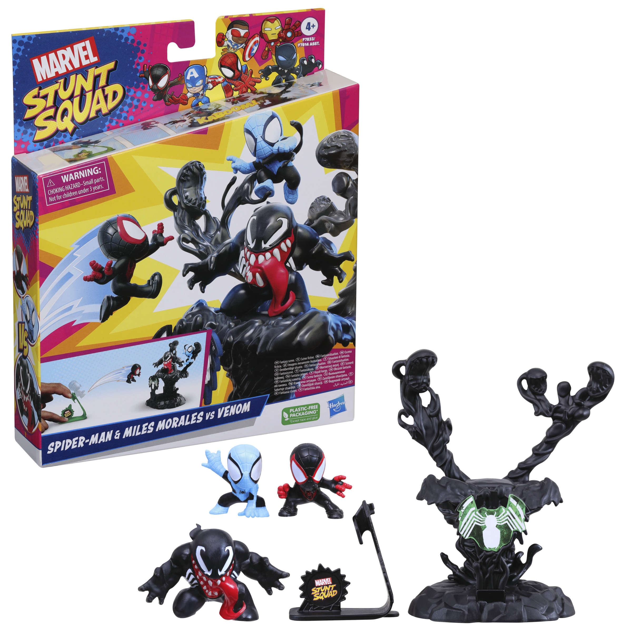 Un set de caja Marvel Stunt Squad con figuras de Spider-Man, Miles Morales y Venom, con un soporte.