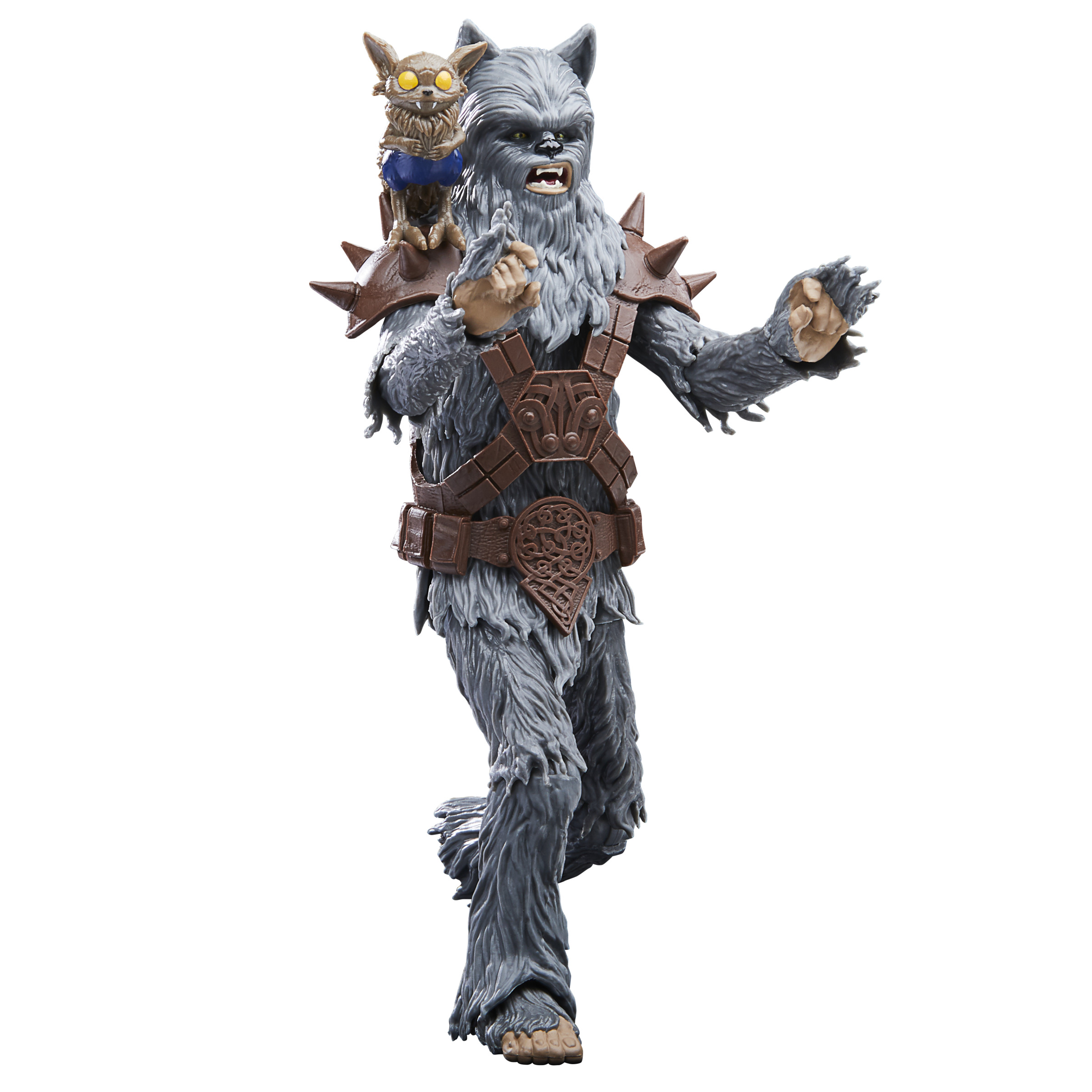 Una figura de Chewbacca con una pequeña criatura en la espalda.