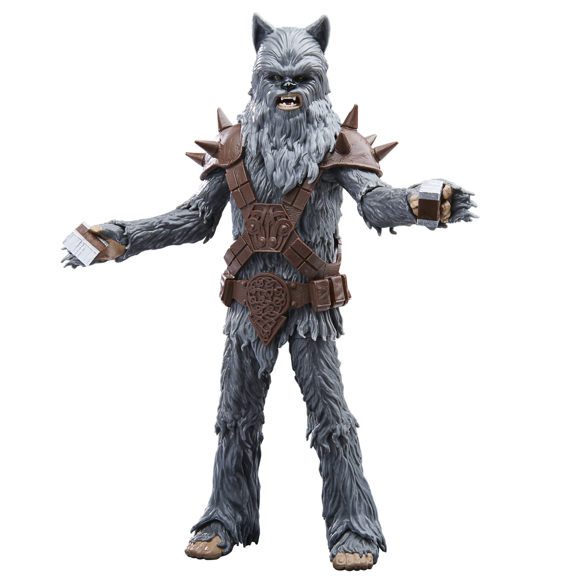 Figura de acción de un personaje peludo gris con armadura, brazos extendidos.