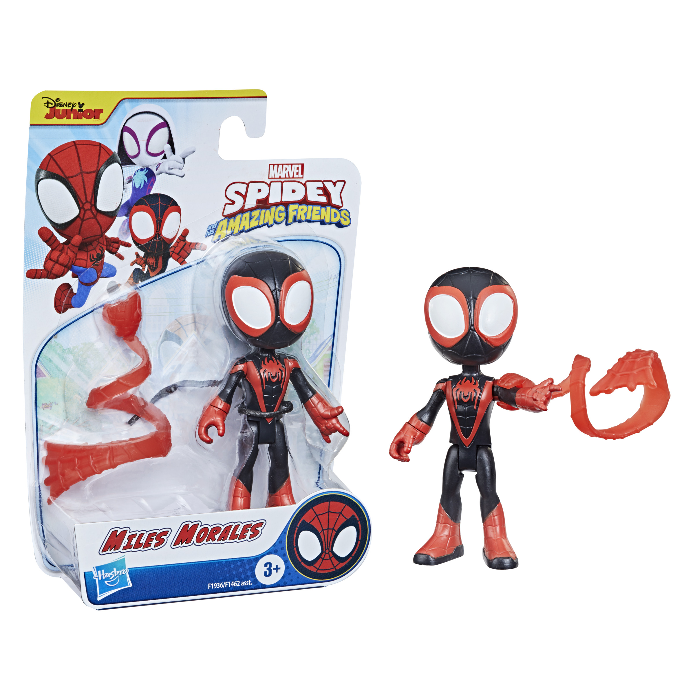 Figura de acción de Miles Morales en embalaje y figura independiente con lanzador de telarañas.