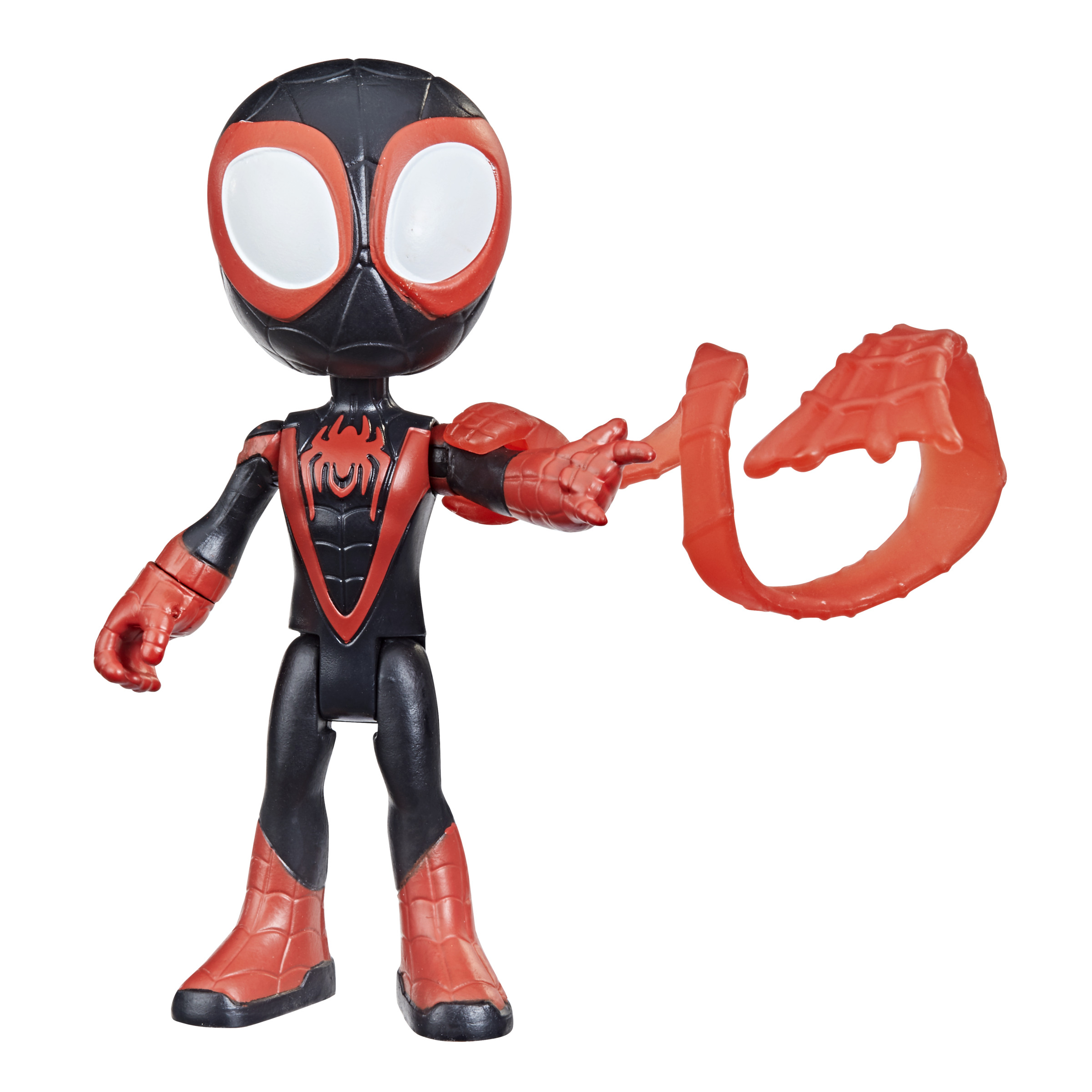 Figura de Spider-Man Miles Morales. Traje negro y rojo, accesorio de telaraña. Fondo blanco, diseño estilizado.