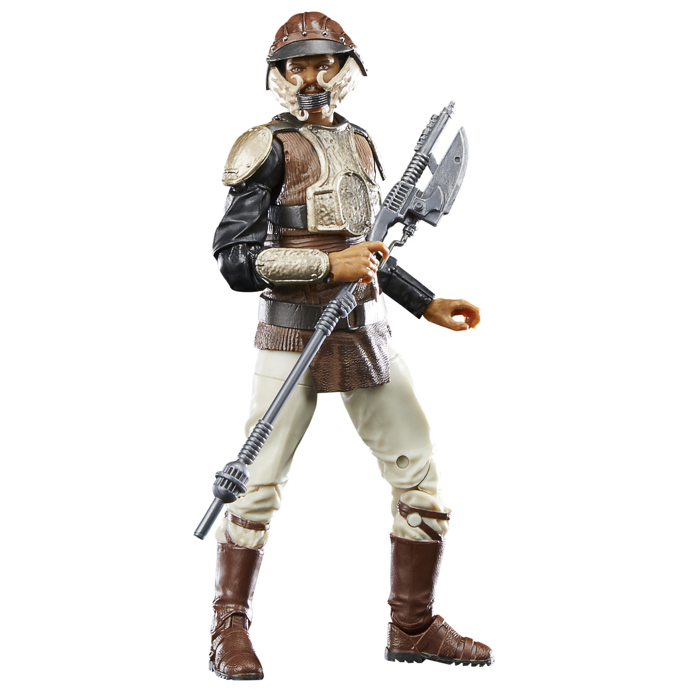 Kahverengi kask ve zırhlı bir Star Wars figürü, bir asa benzeri silah tutuyor.